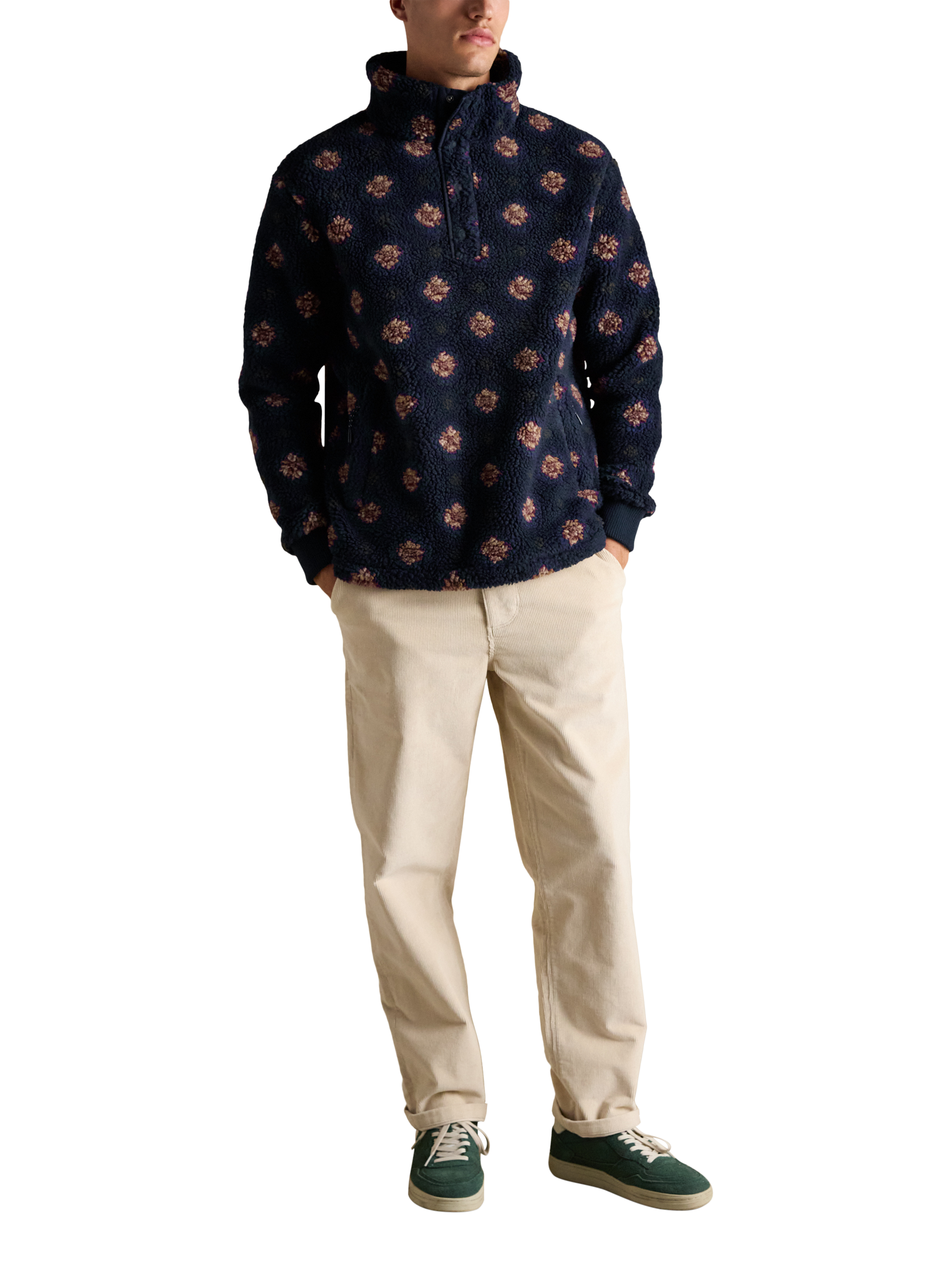 Product image 5 of 9, which shows Joules Printed Borg Fleece Jacket, Navy, S