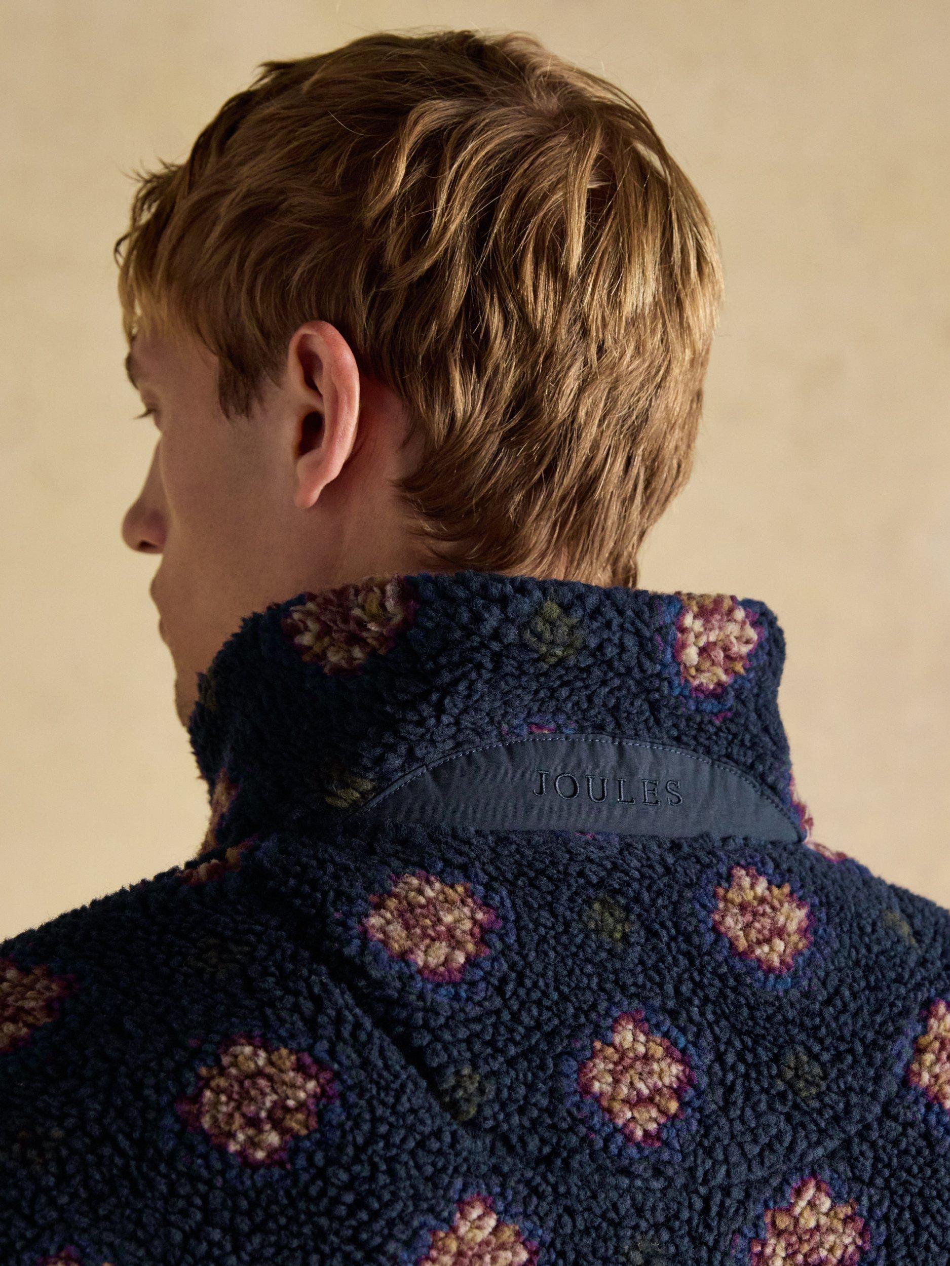 Product image 6 of 9, which shows Joules Printed Borg Fleece Jacket, Navy, S