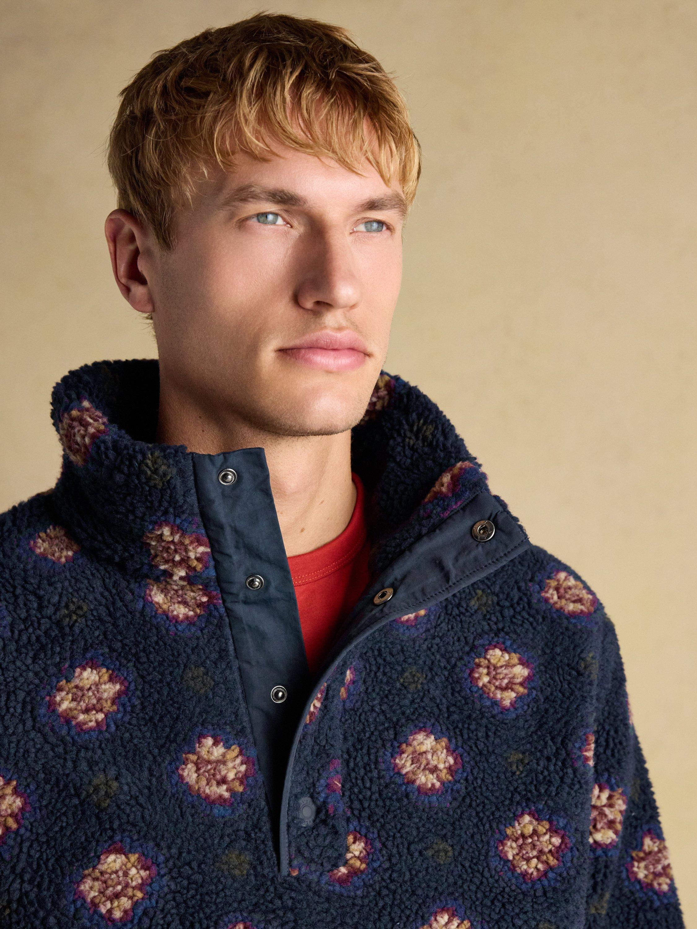Product image 8 of 9, which shows Joules Printed Borg Fleece Jacket, Navy, S