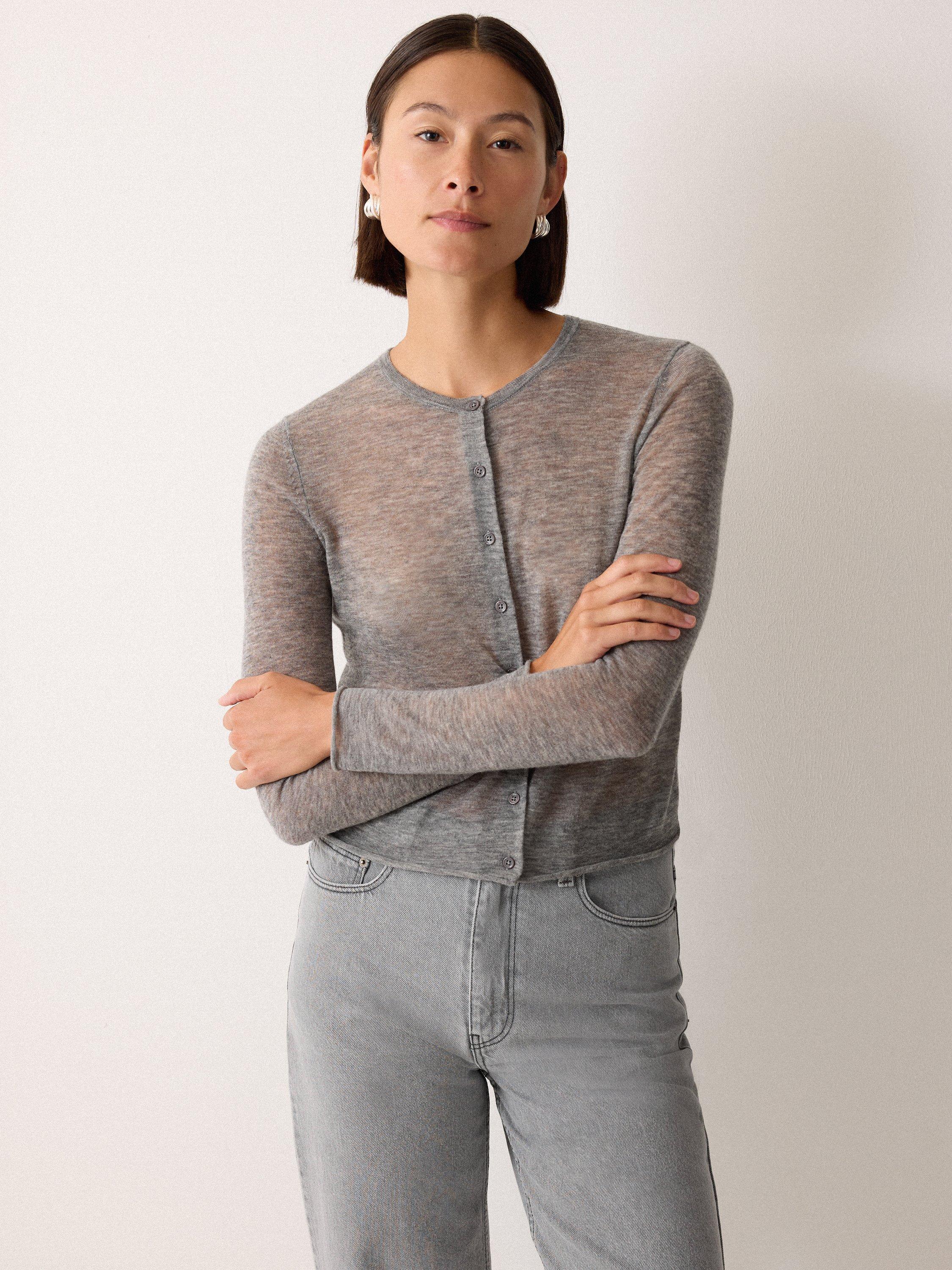 Product image 1 of 5, which shows Jigsaw Tissue Round Neck Slim Wool Cardigan, Grey, S