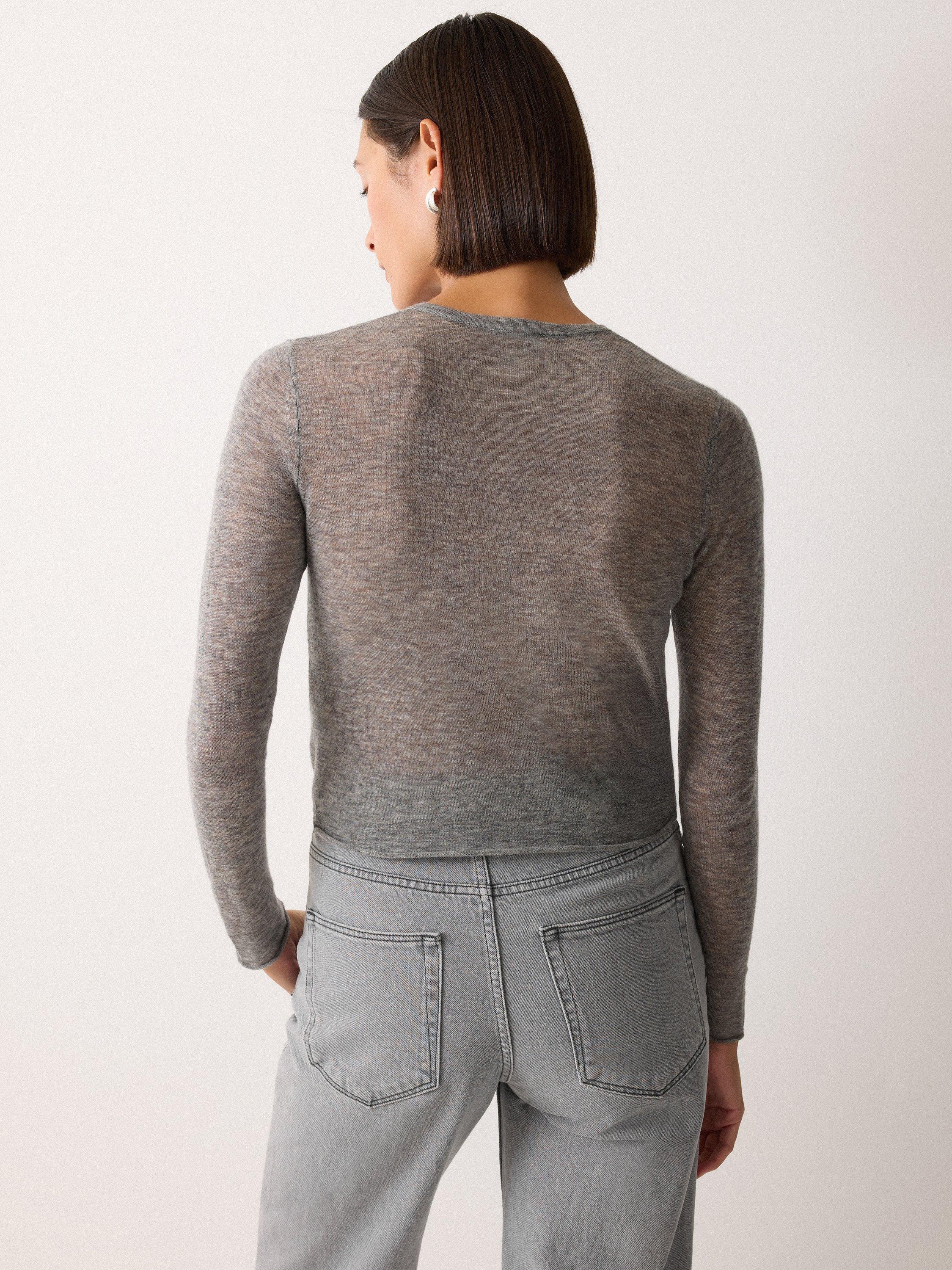 Product image 2 of 5, which shows Jigsaw Tissue Round Neck Slim Wool Cardigan, Grey, S