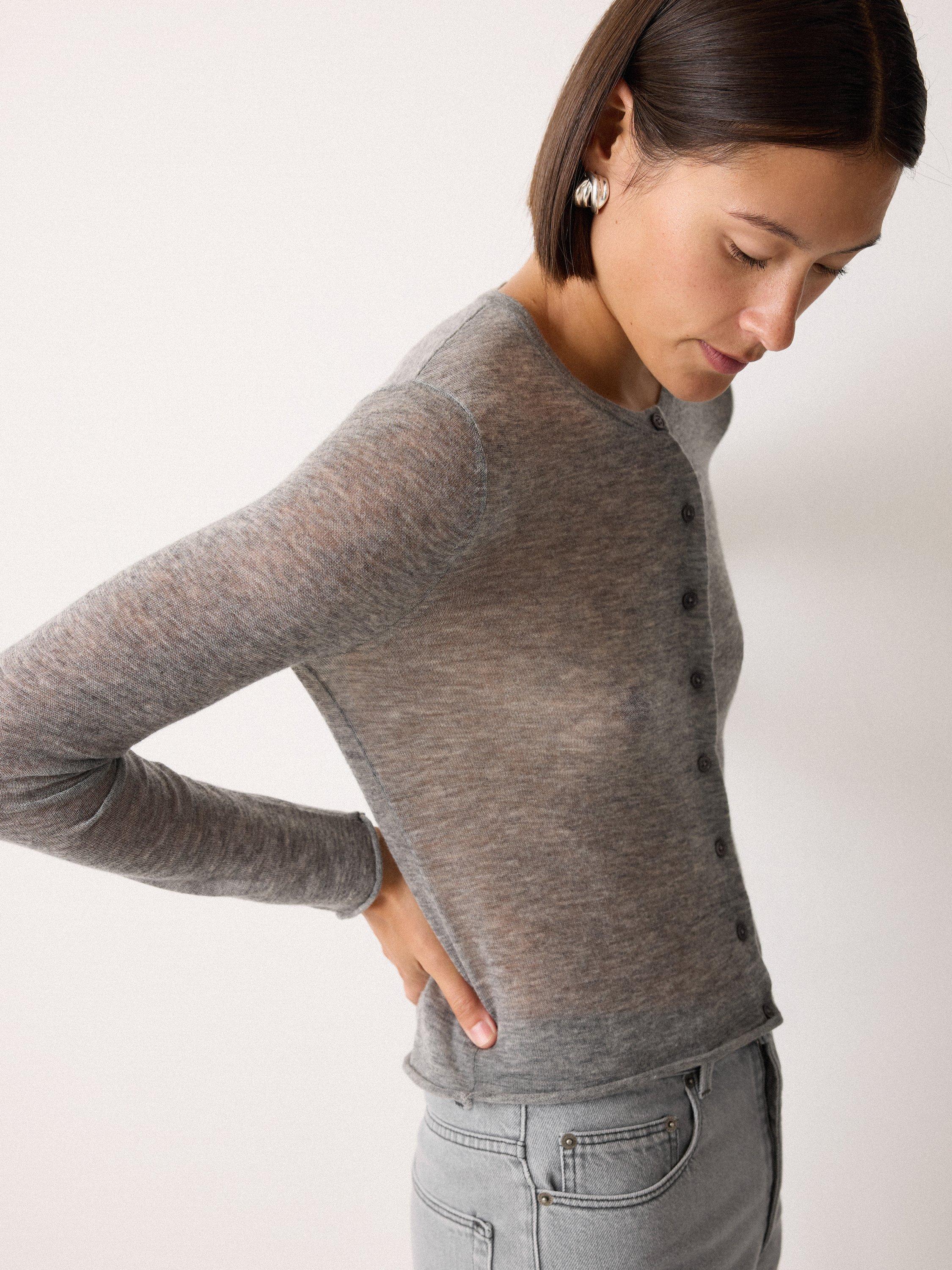 Product image 3 of 5, which shows Jigsaw Tissue Round Neck Slim Wool Cardigan, Grey, S