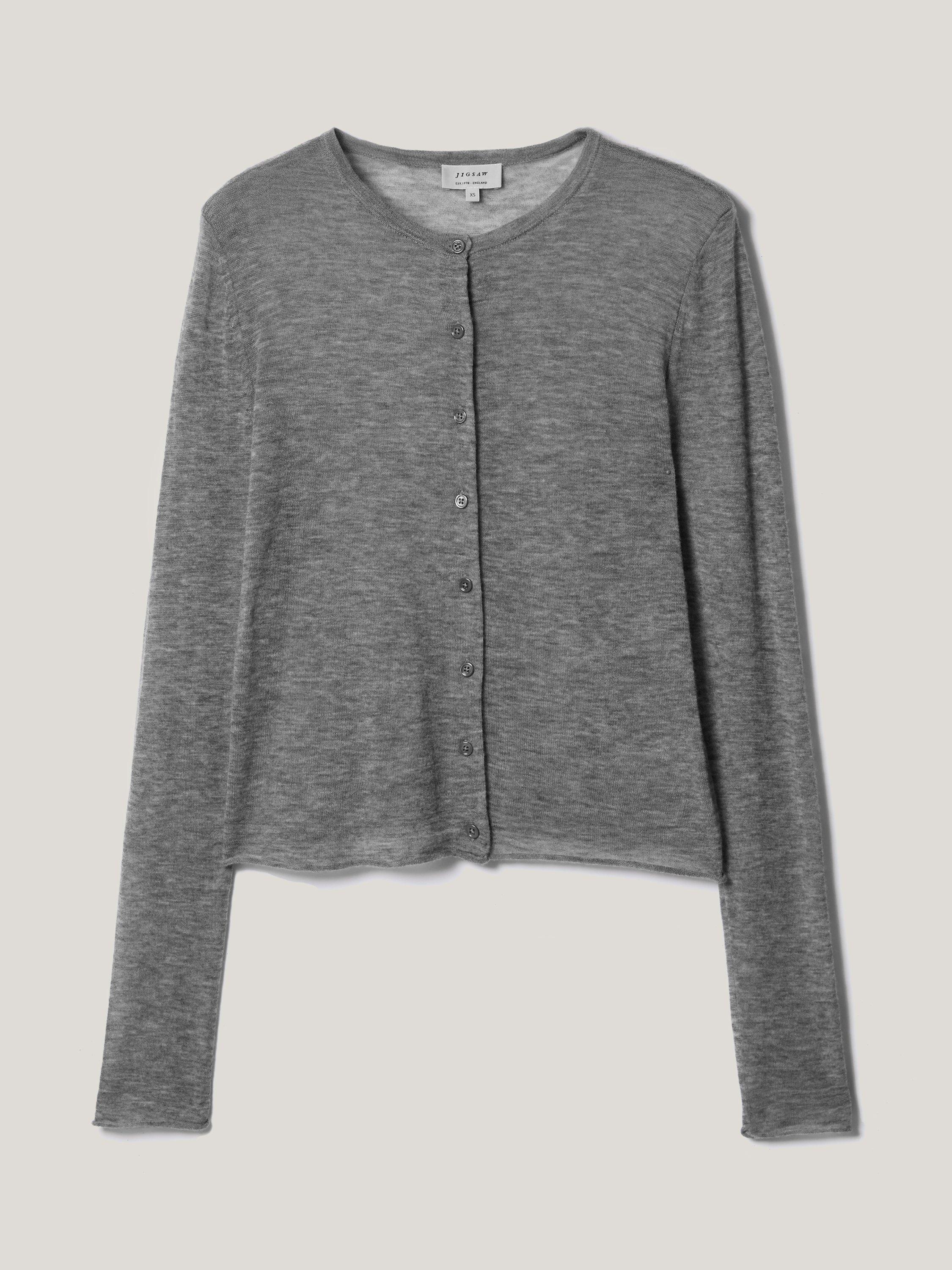 Product image 5 of 5, which shows Jigsaw Tissue Round Neck Slim Wool Cardigan, Grey, S
