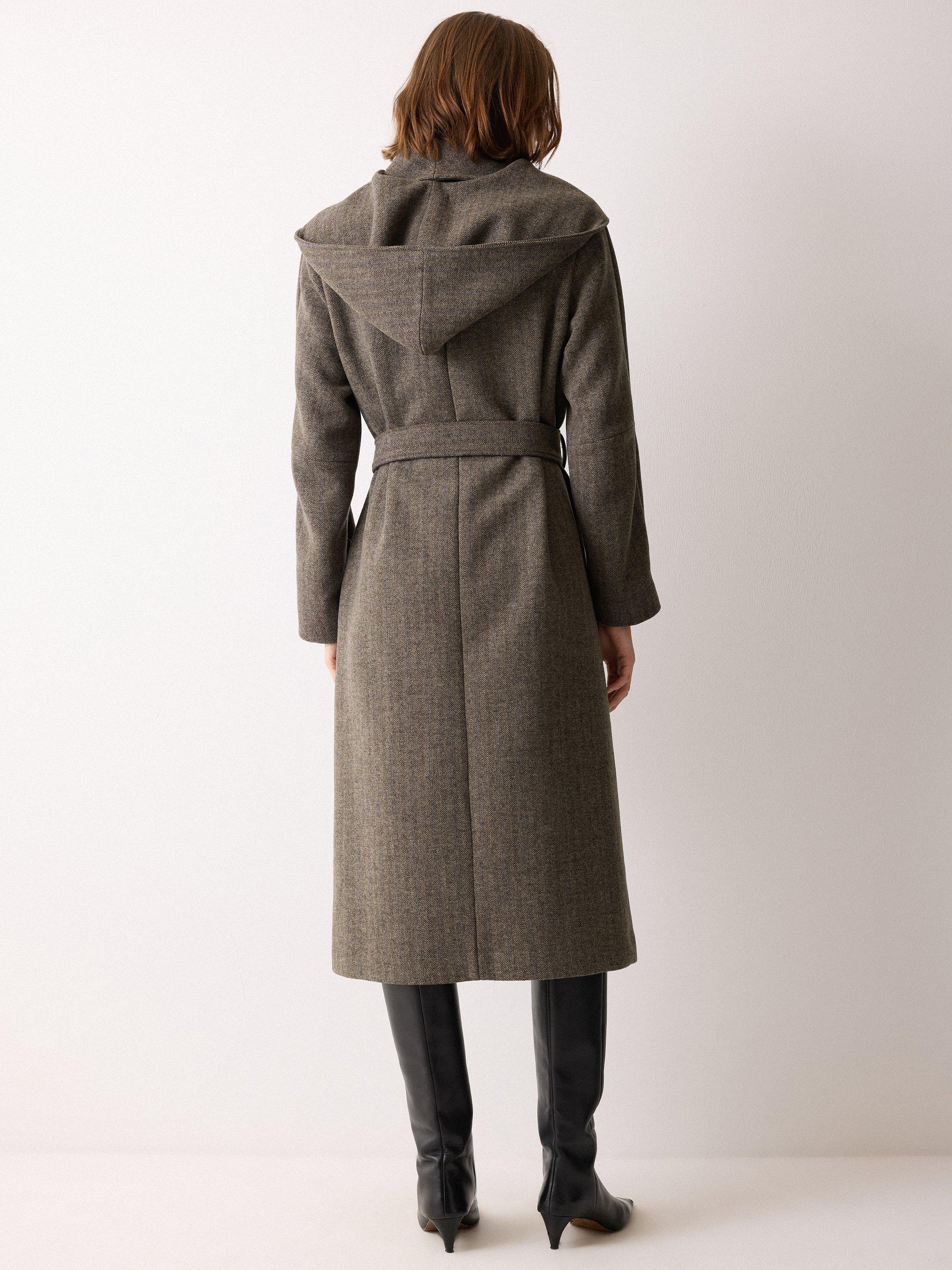 Product image 2 of 6, which shows Jigsaw Herringbone Hooded Wrap Winter Coat, Brown, 6