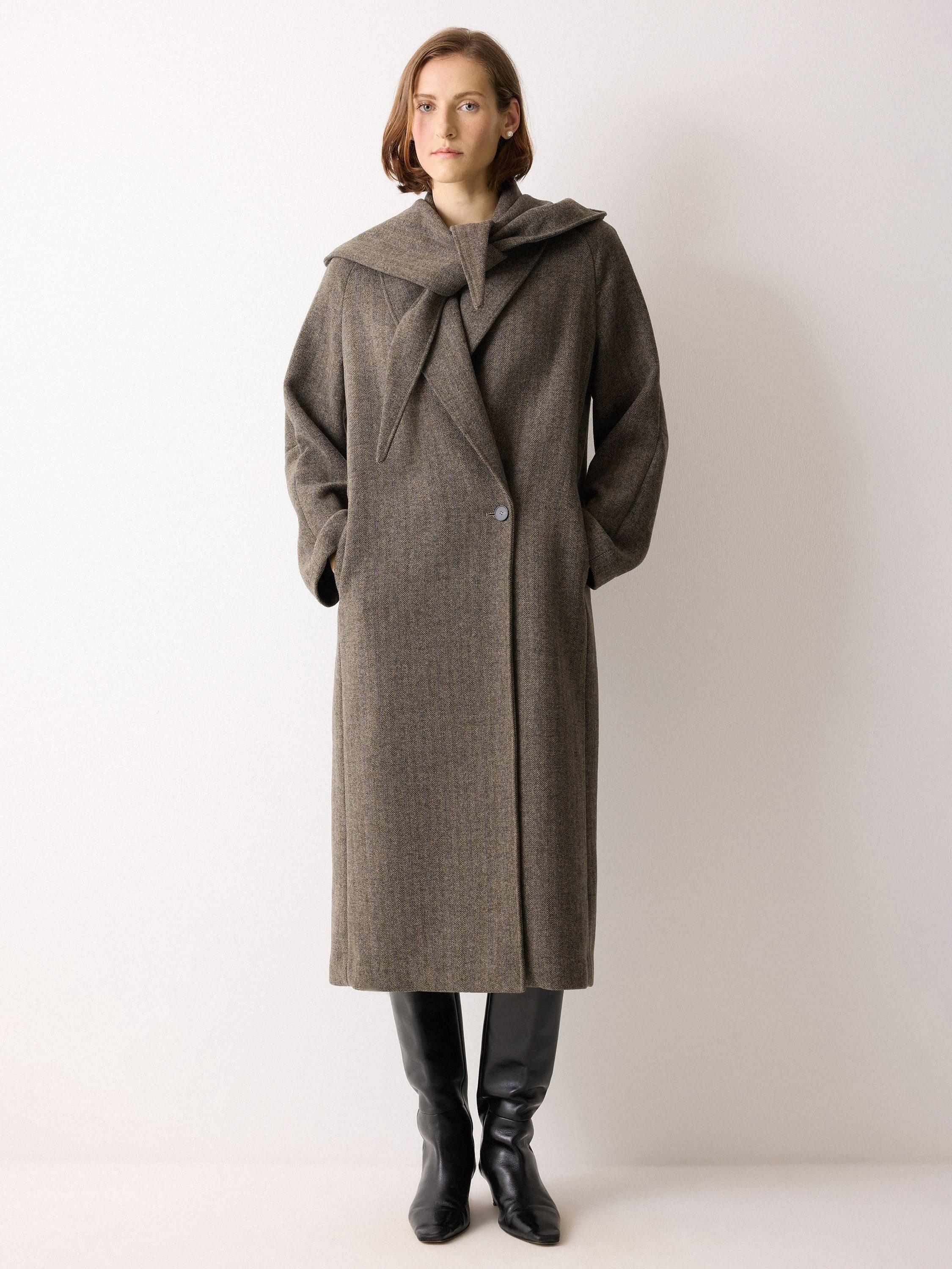 Product image 3 of 6, which shows Jigsaw Herringbone Hooded Wrap Winter Coat, Brown, 6