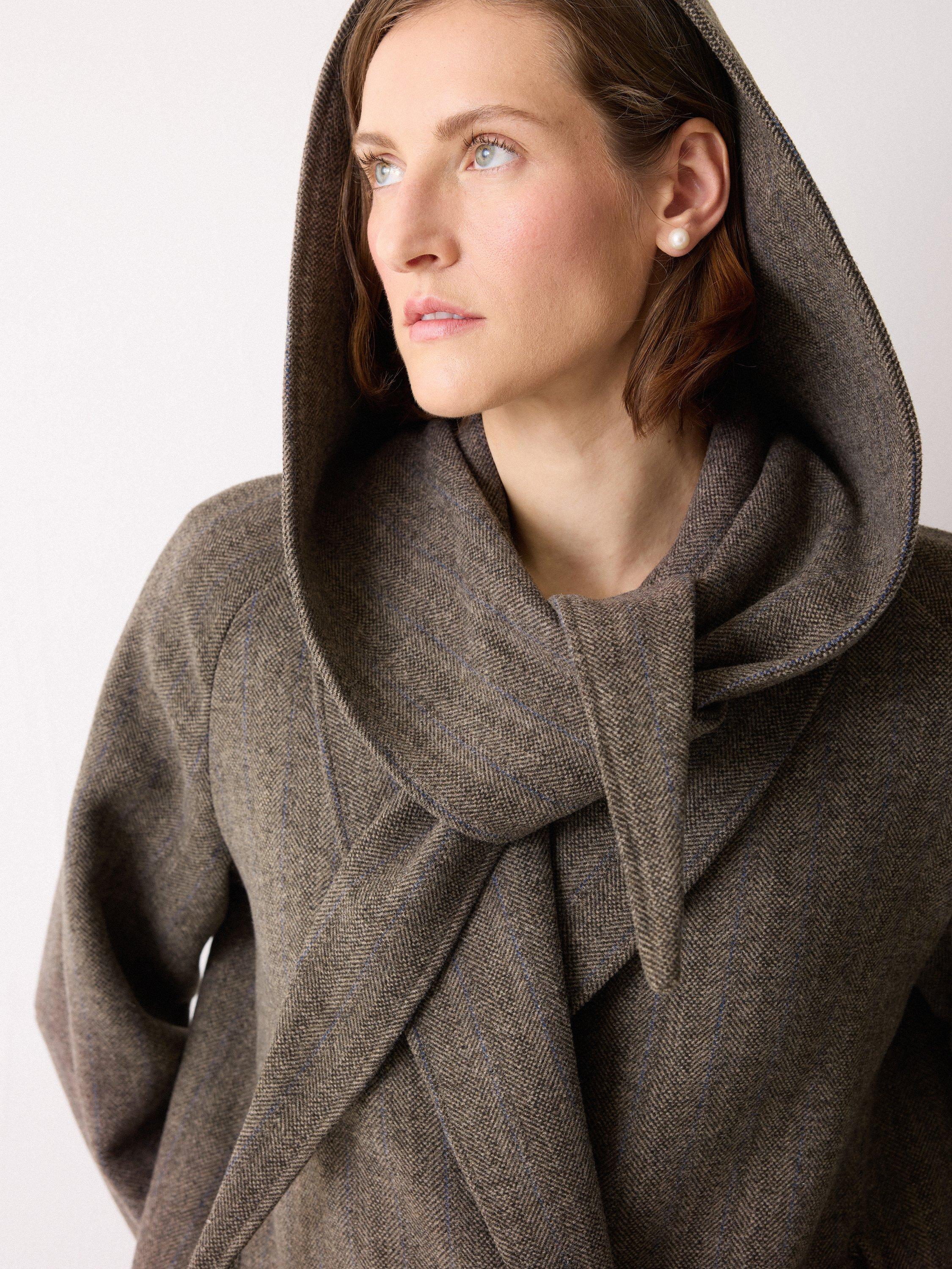 Product image 4 of 6, which shows Jigsaw Herringbone Hooded Wrap Winter Coat, Brown, 6