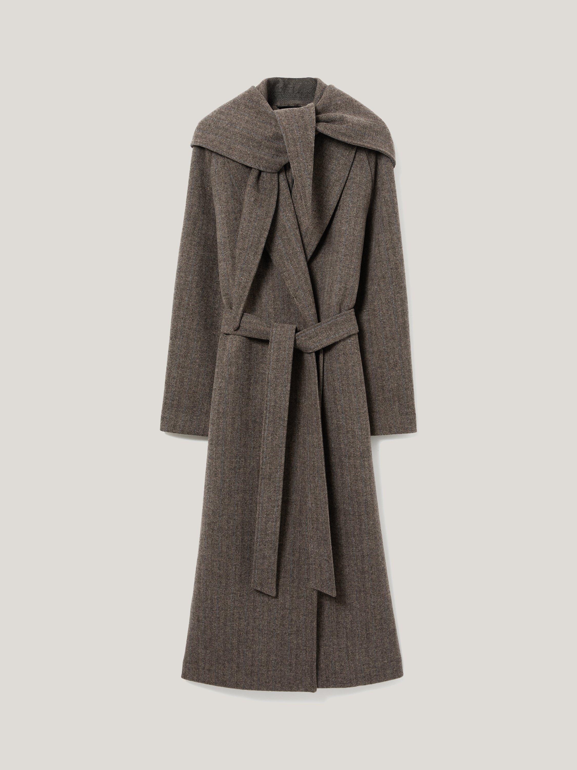 Product image 5 of 6, which shows Jigsaw Herringbone Hooded Wrap Winter Coat, Brown, 6