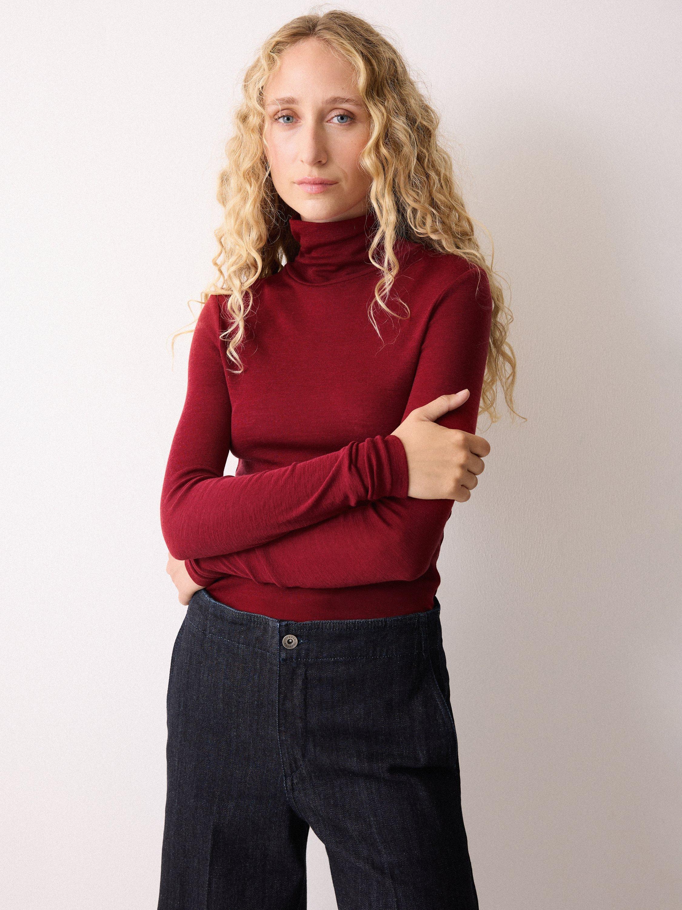 Product image 1 of 5, which shows Jigsaw Wool Jersey Merino Wool Polo Neck Top, Red, M