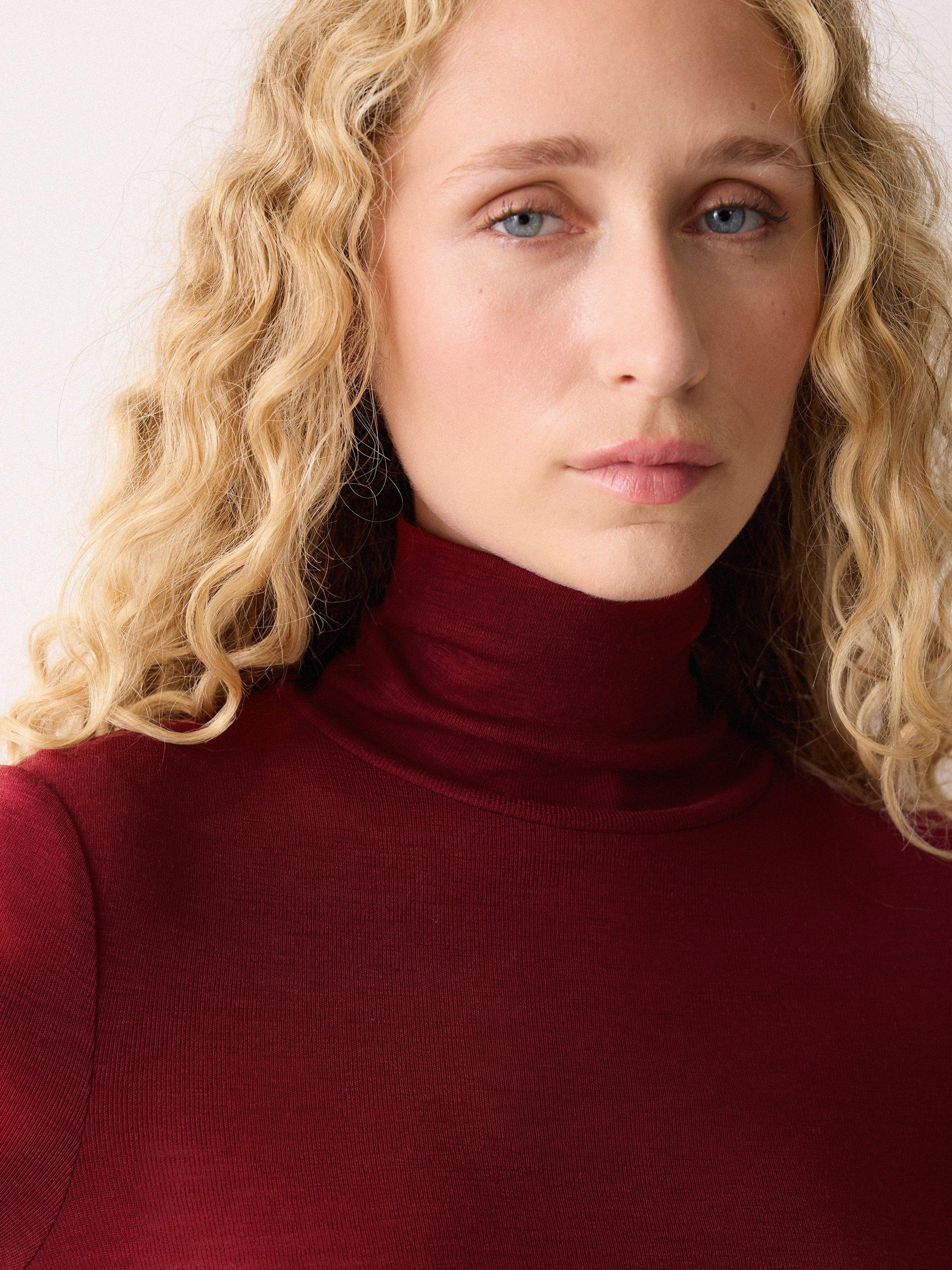 Product image 3 of 5, which shows Jigsaw Wool Jersey Merino Wool Polo Neck Top, Red, M