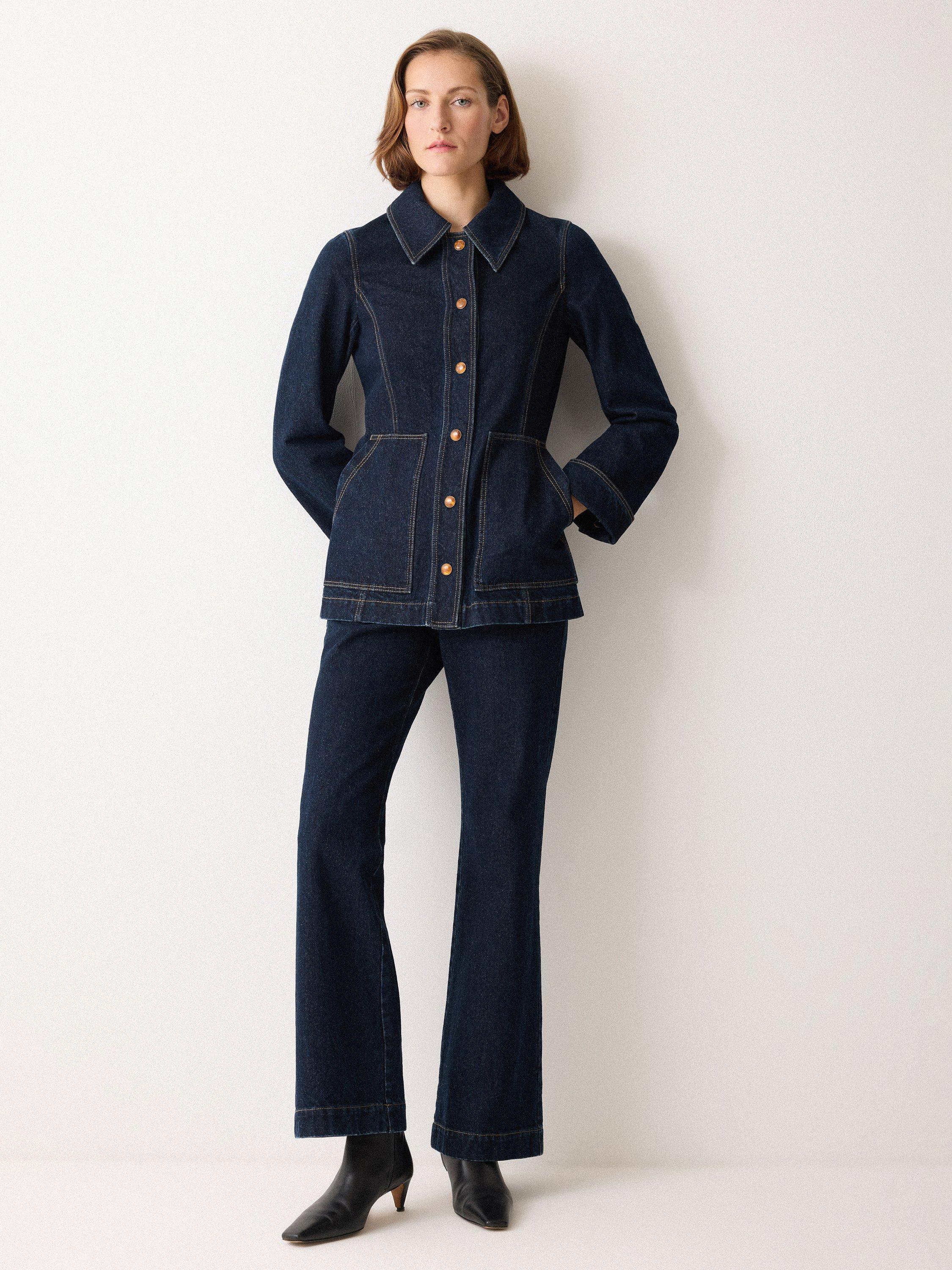 Product image 3 of 6, which shows Jigsaw Tailored Denim Bootleg Trousers, Indigo, 8