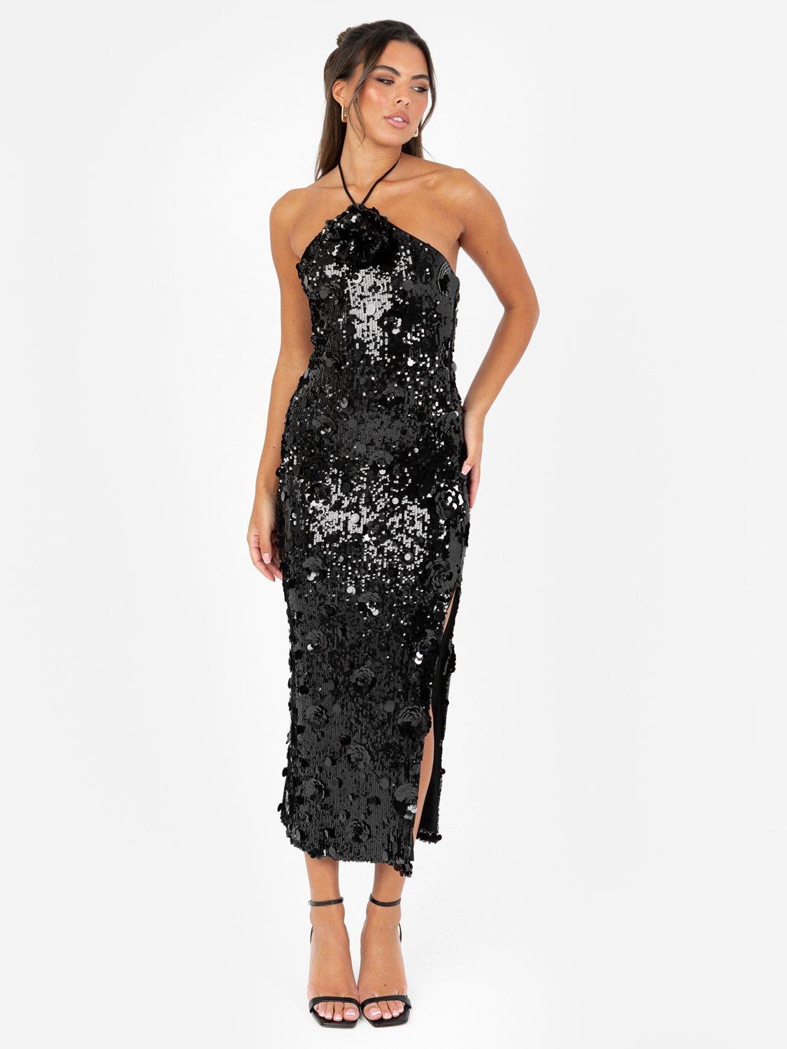 Product image 1 of 5, which shows Maya Deluxe Floral Sequin Halterneck Dress, Black, 6