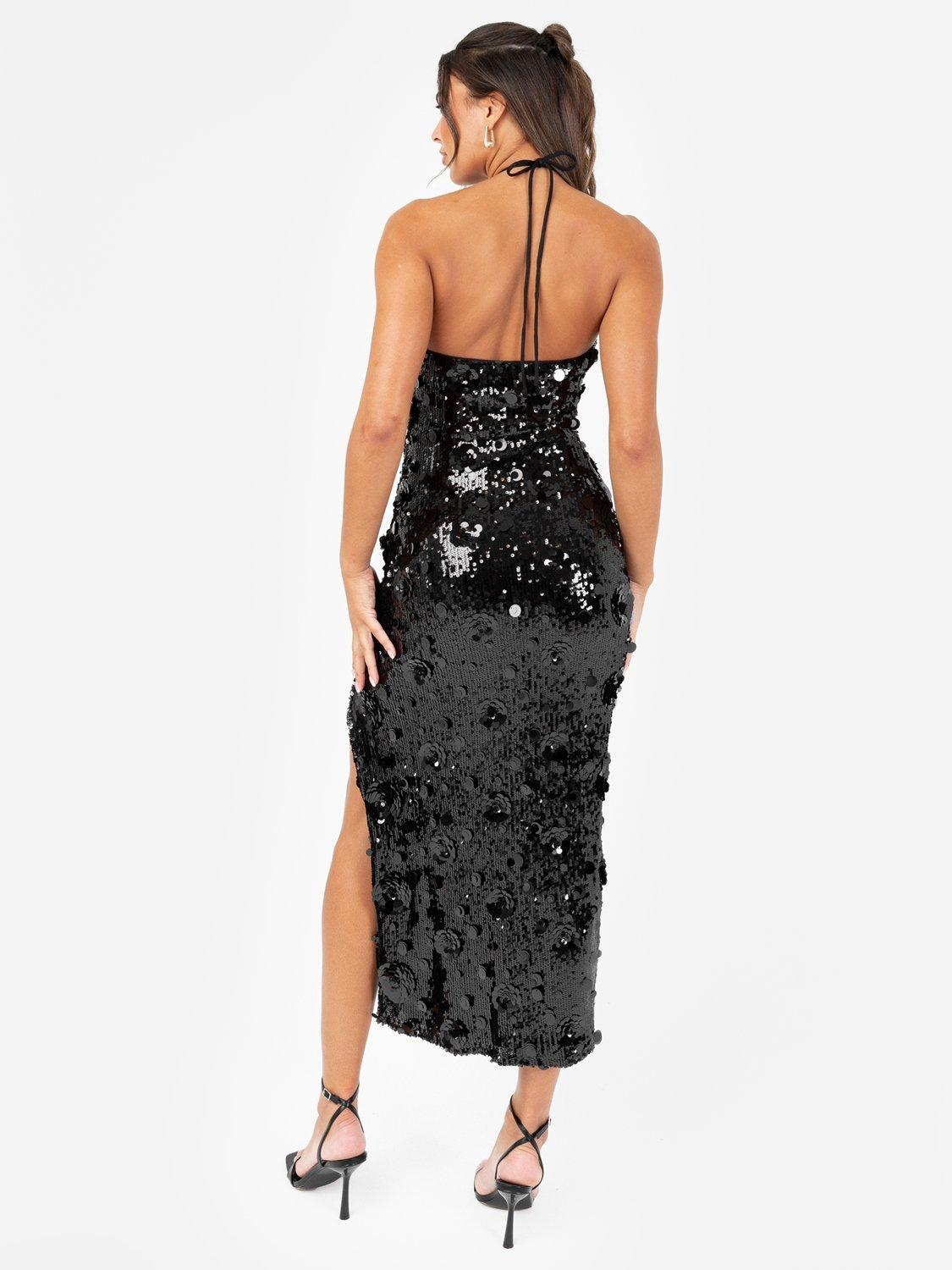 Product image 3 of 5, which shows Maya Deluxe Floral Sequin Halterneck Dress, Black, 6