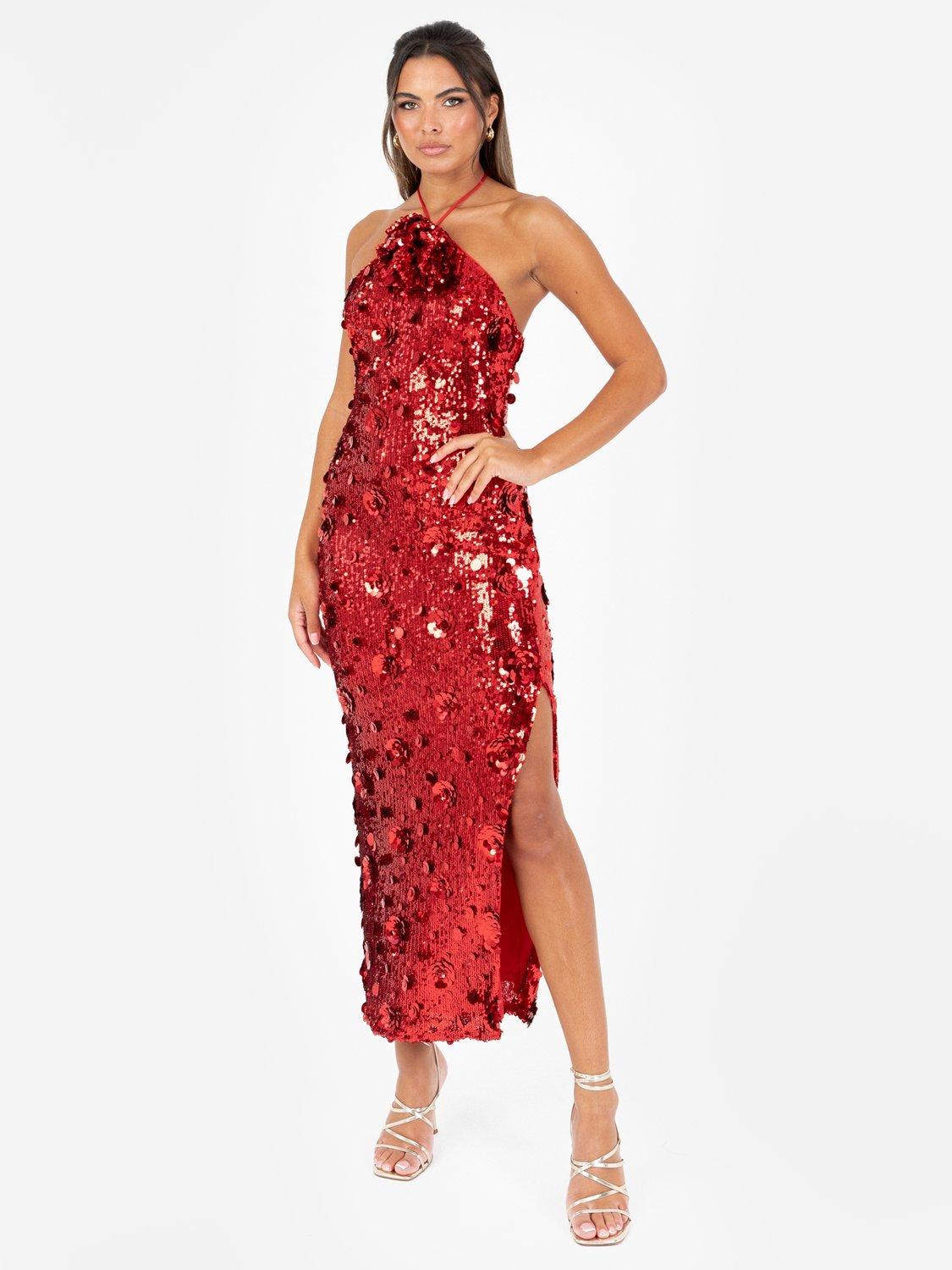 Product image 1 of 5, which shows Maya Deluxe Floral Sequin Halterneck Dress, Red, 6