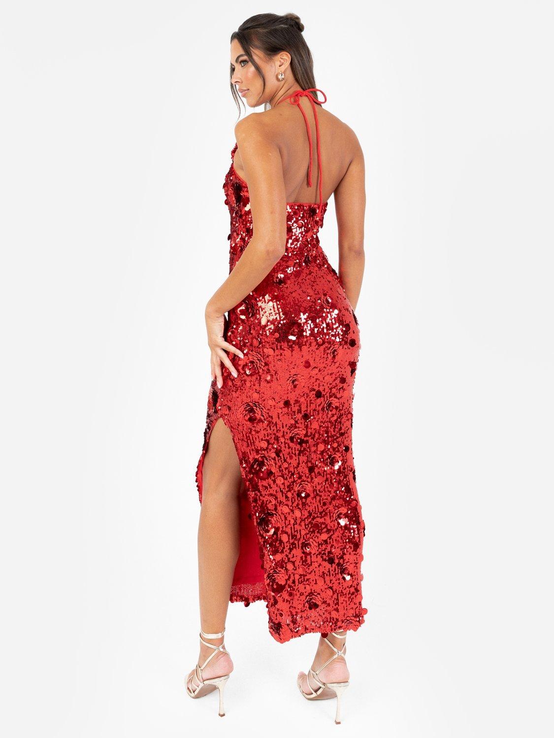 Product image 3 of 5, which shows Maya Deluxe Floral Sequin Halterneck Dress, Red, 6