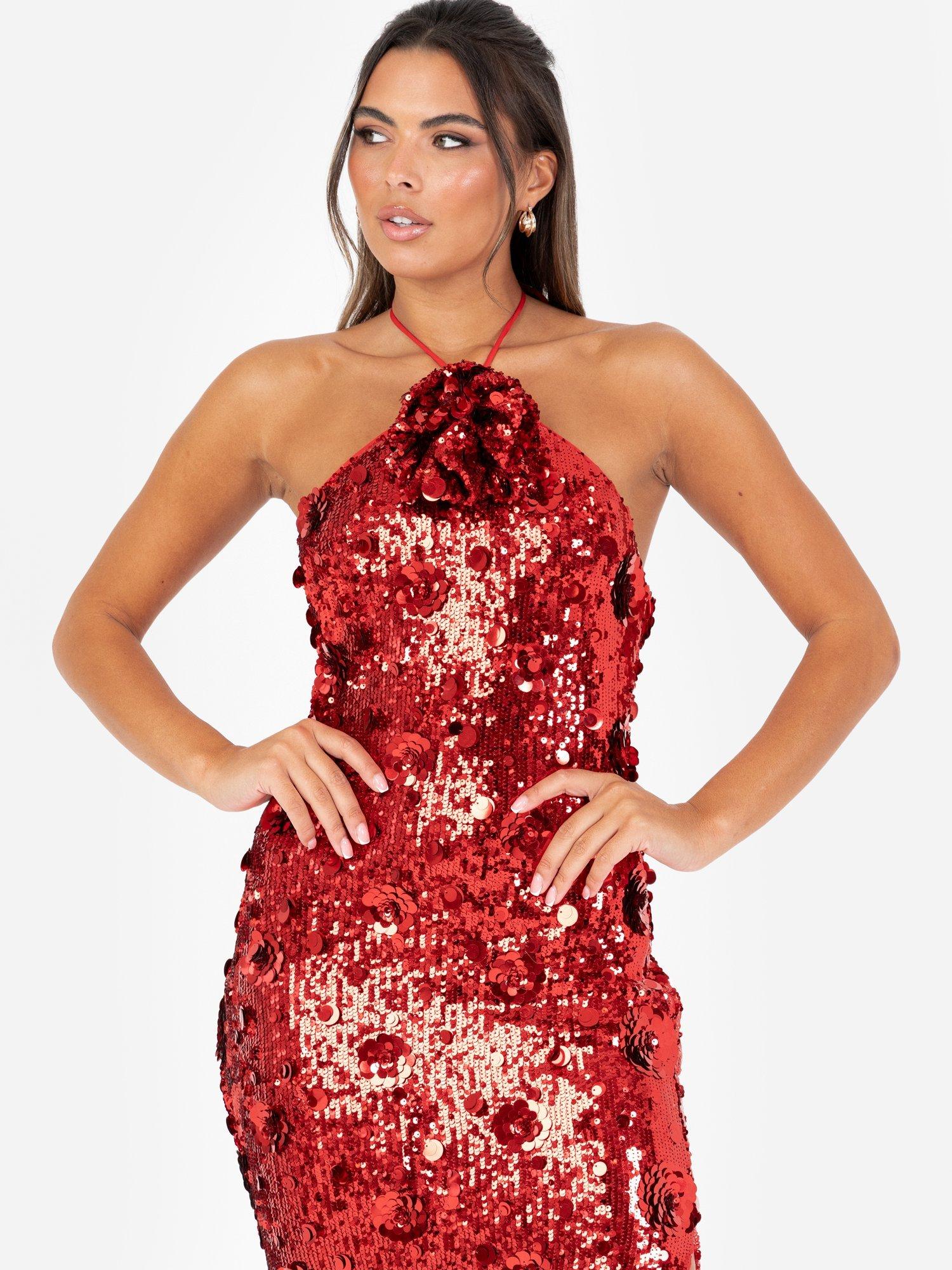 Product image 4 of 5, which shows Maya Deluxe Floral Sequin Halterneck Dress, Red, 6