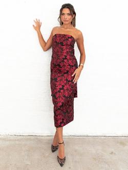 Maya Deluxe Floral Bandeau Midi Dress, Red, Red