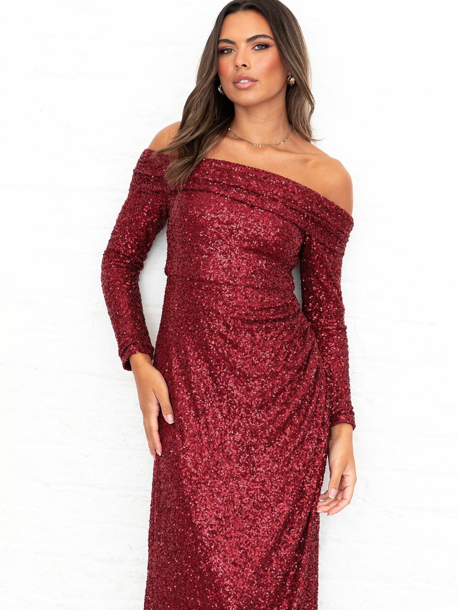 Product image 2 of 5, which shows Maya Deluxe Sequin Bardot Maxi Dress, Burgundy, 6