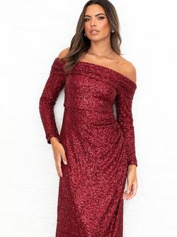 Maya Deluxe Sequin Bardot Maxi Dress, Burgundy - view 2, Burgundy