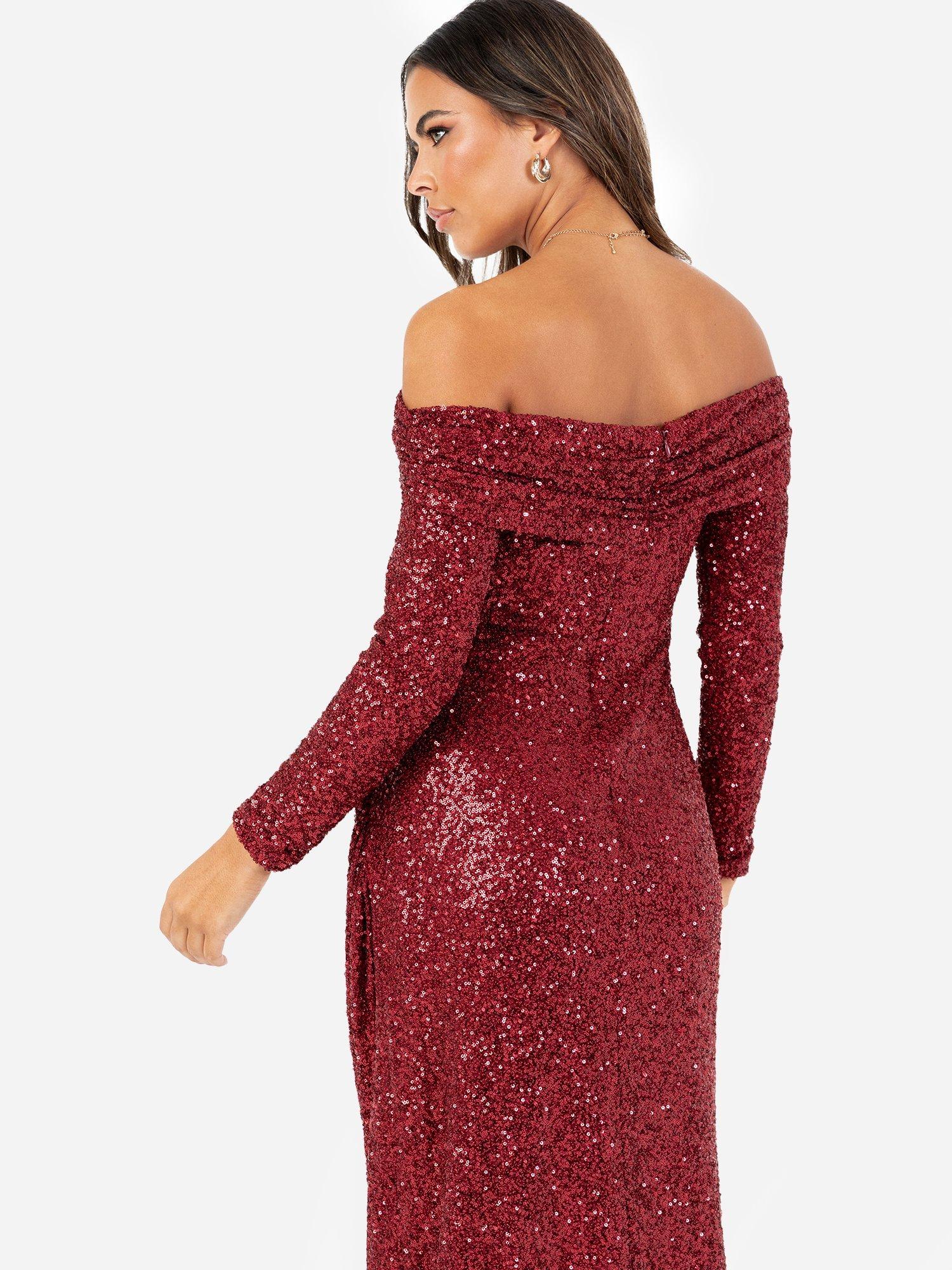 Product image 3 of 5, which shows Maya Deluxe Sequin Bardot Maxi Dress, Burgundy, 6