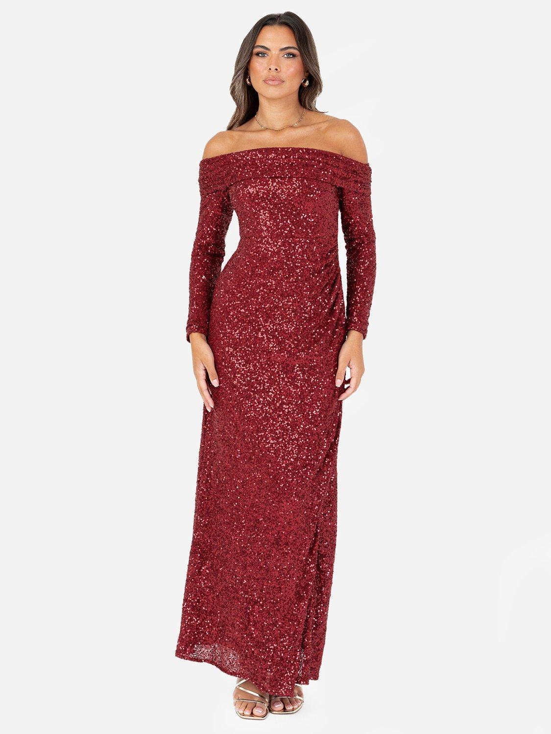 Product image 4 of 5, which shows Maya Deluxe Sequin Bardot Maxi Dress, Burgundy, 6