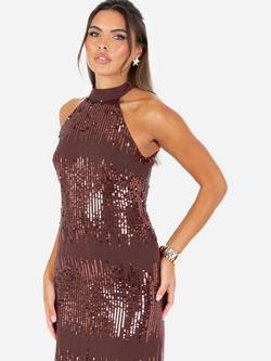 Maya Deluxe Linear Sequin Embellished Chiffon Maxi Dress, Chocolate - view 2, Chocolate