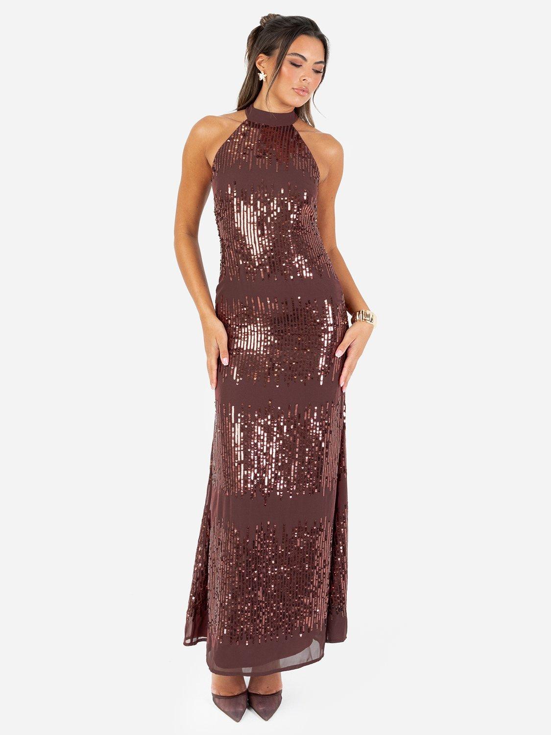 Product image 4 of 6, which shows Maya Deluxe Linear Sequin Embellished Chiffon Maxi Dress, Chocolate, 6
