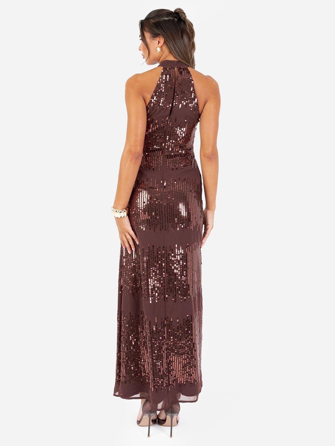 Product image 5 of 6, which shows Maya Deluxe Linear Sequin Embellished Chiffon Maxi Dress, Chocolate, 6