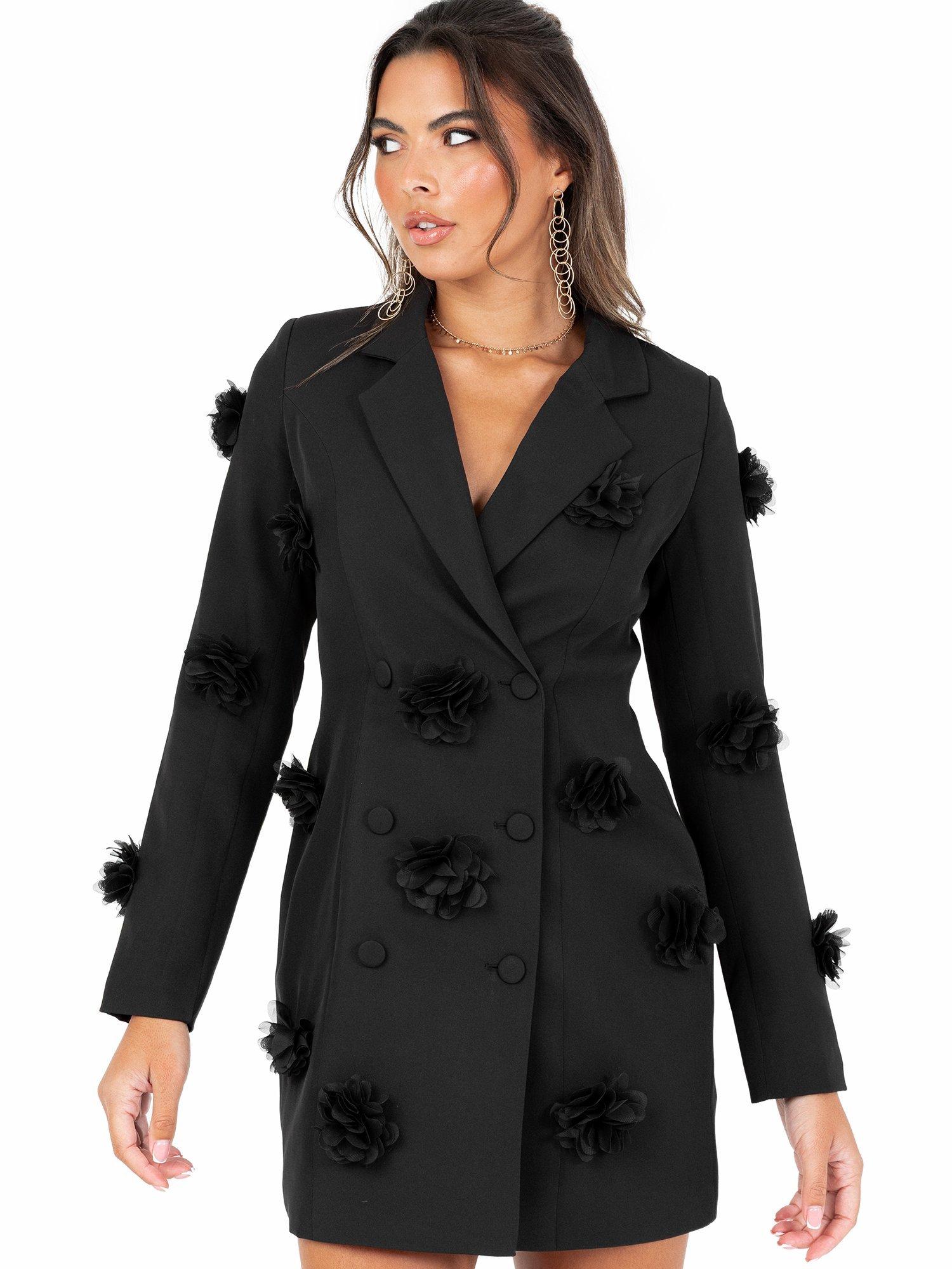 Product image 1 of 6, which shows Maya Deluxe 3D Flower Blazer Dress, Black, 6