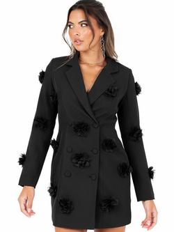 Maya Deluxe 3D Flower Blazer Dress, Black, Black