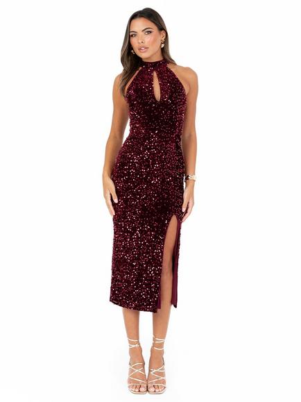 Maya Deluxe Velvet Sequin Midi Dress, Burgundy