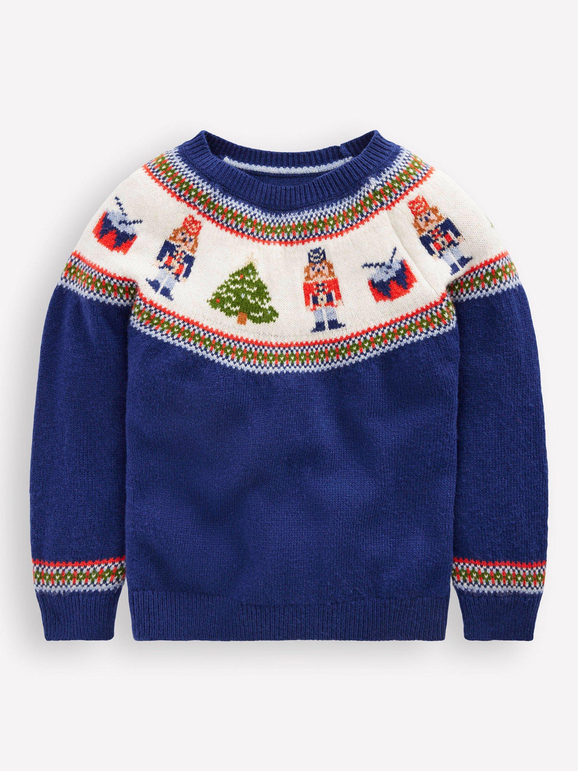 Product image 1 of 3, which shows Mini Boden Kids' Round Neck Fair Isle Jumper, Navy Nutcracker, 3-4 years
