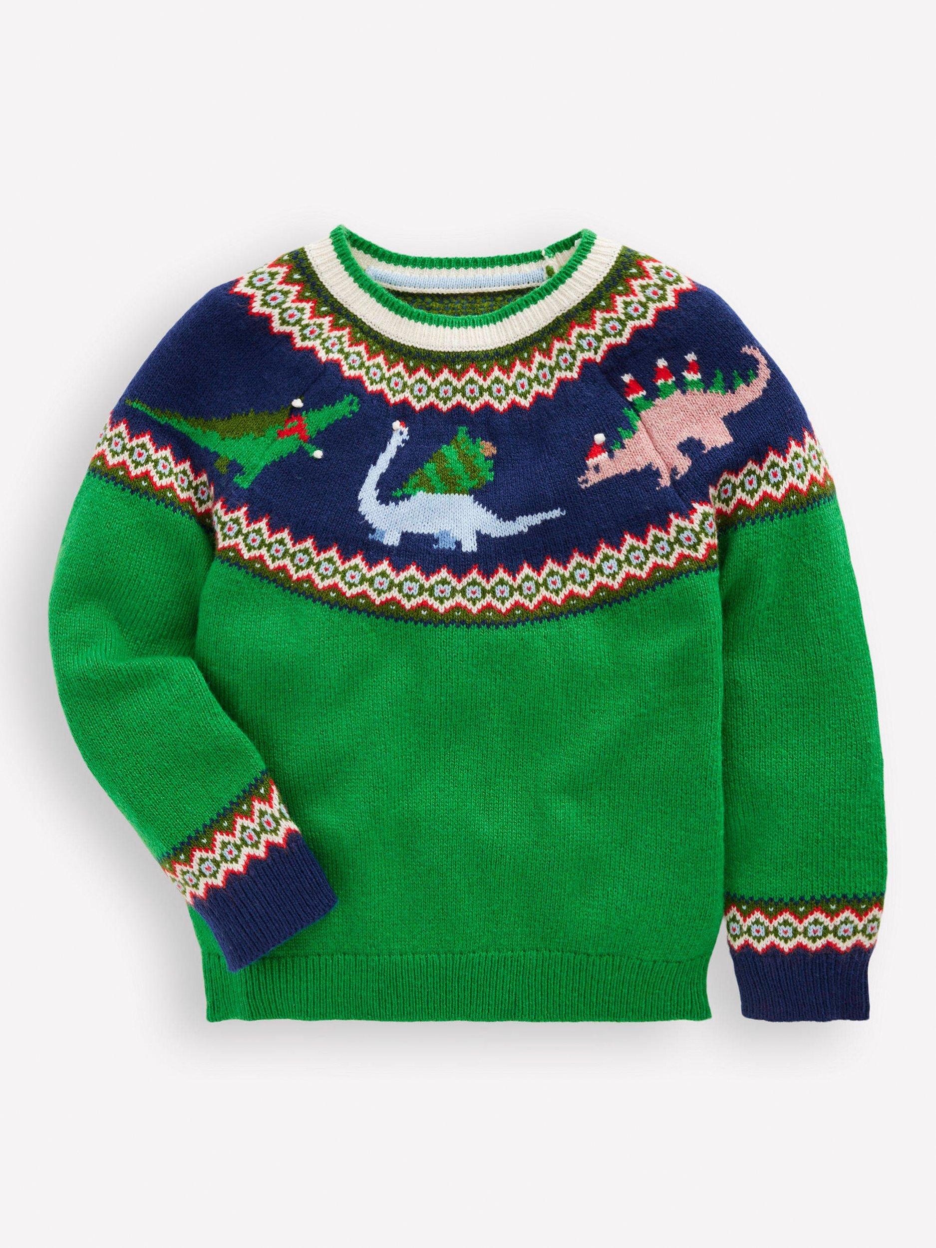 Product image 1 of 3, which shows Mini Boden Kids' Cotton Blend Crew Neck Jumper, Green Dinosaur, 9-10 years
