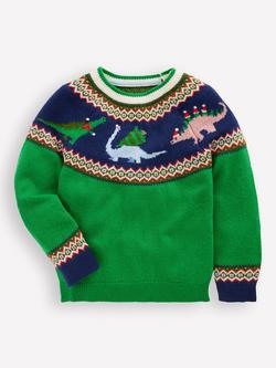 Mini Boden Kids' Cotton Blend Crew Neck Jumper, Green Dinosaur