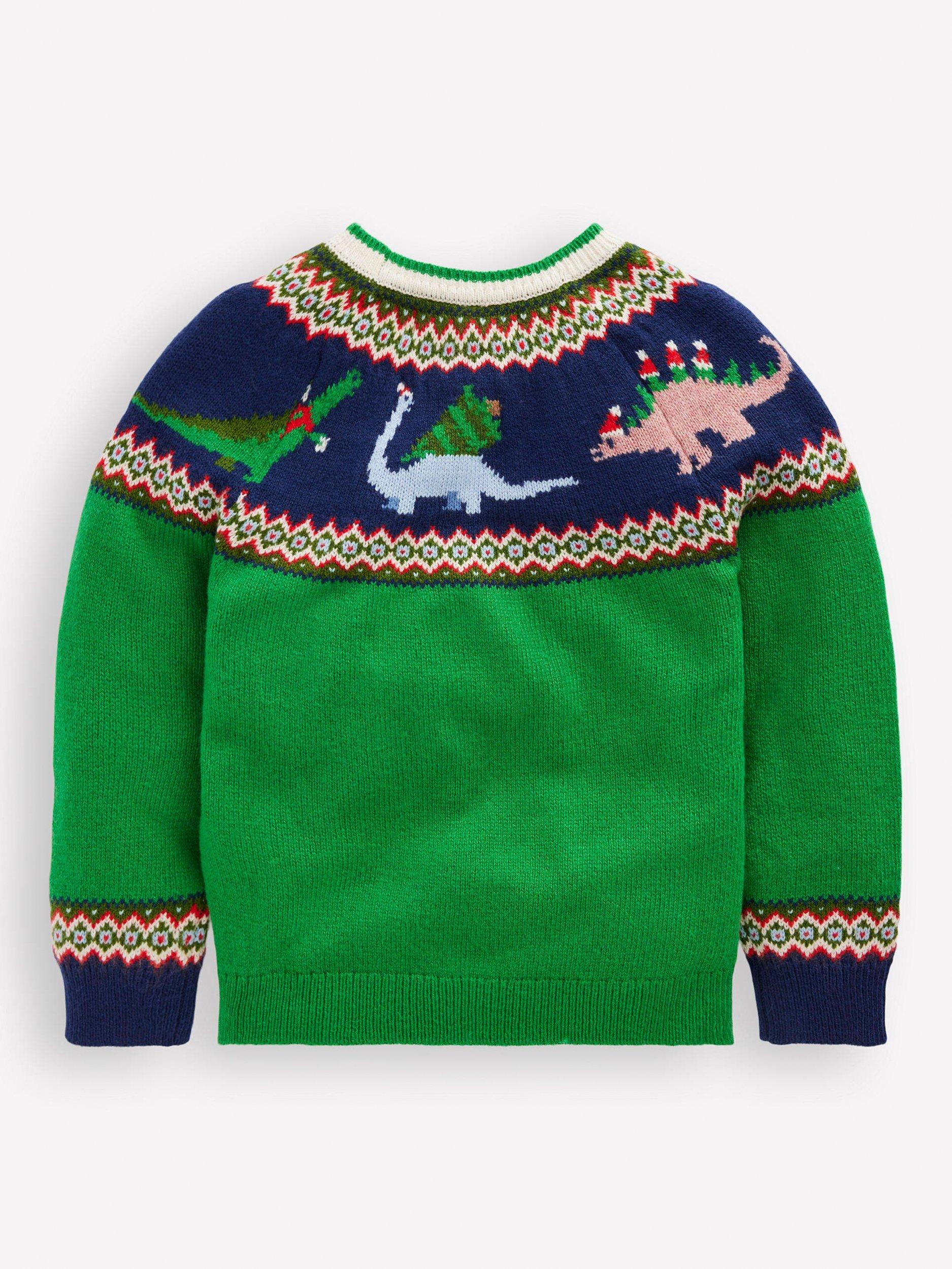 Product image 2 of 3, which shows Mini Boden Kids' Cotton Blend Crew Neck Jumper, Green Dinosaur, 9-10 years