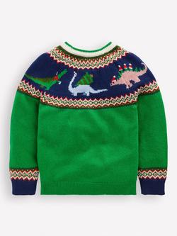 Mini Boden Kids' Cotton Blend Crew Neck Jumper - view 2, Green Dinosaur