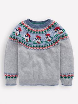 Mini Boden Kids' Cotton Blend Crew Neck Jumper, Grey Marl Penguins