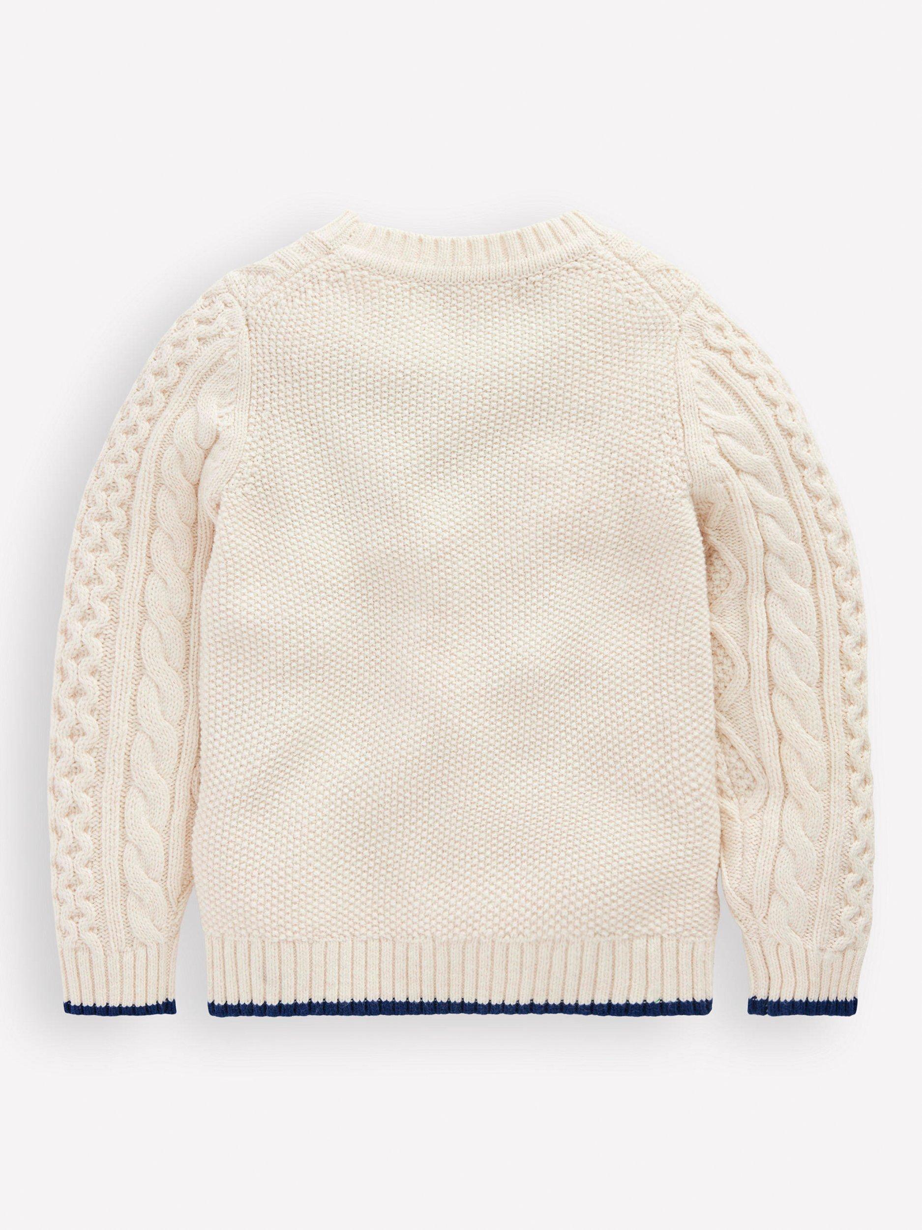 Product image 2 of 3, which shows Mini Boden Kids' Heritage Cable Knit Jumper, Ecru Marl, 3-4 years