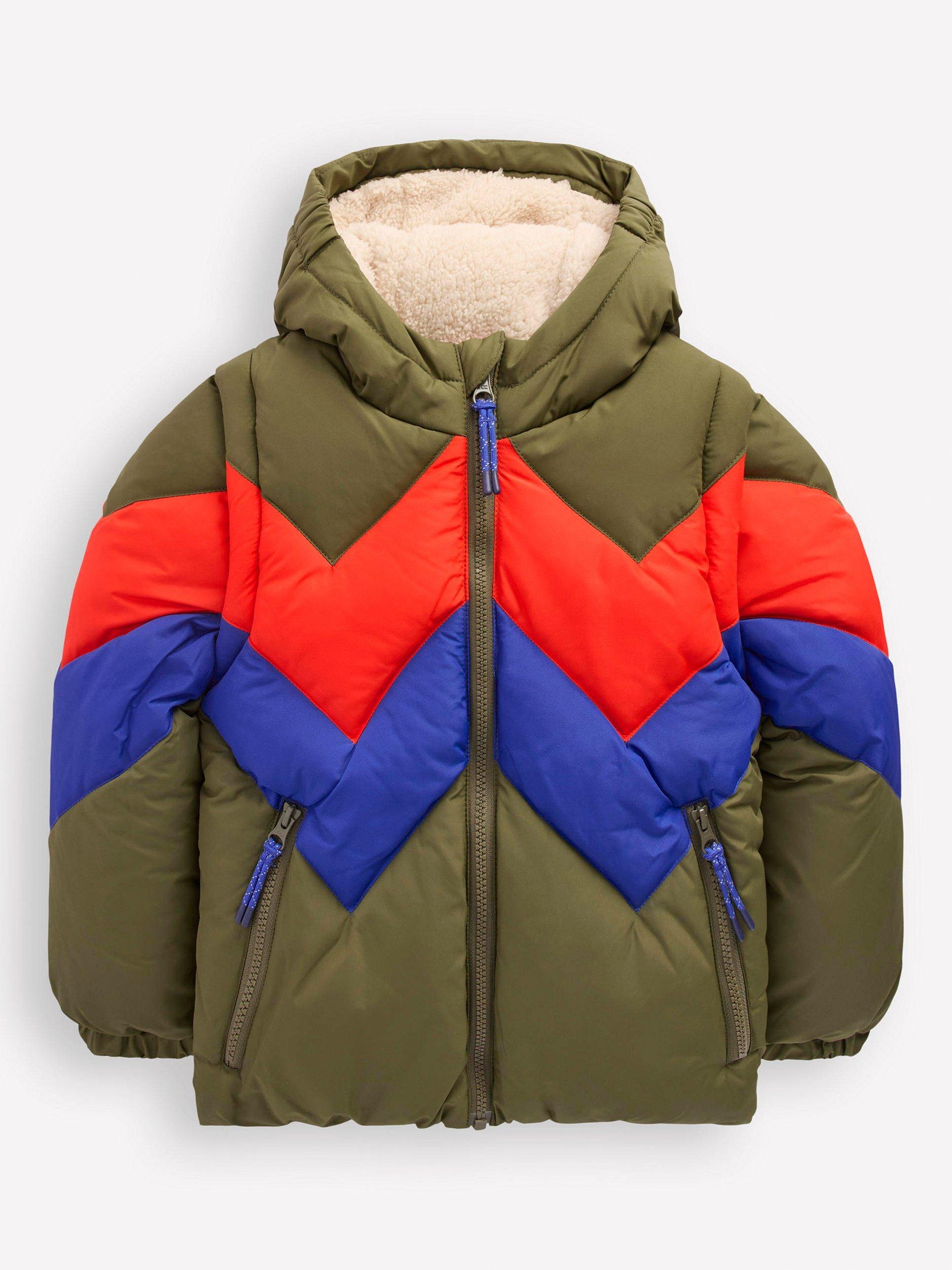 Product image 1 of 5, which shows Mini Boden Colour Block Geometric 2-in-1 Padded Coat, Khaki Chevron, 4-5 years