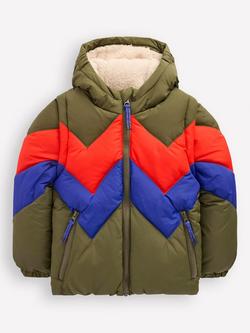 Mini Boden Colour Block Geometric 2-in-1 Padded Coat, Khaki Chevron, Khaki Chevron