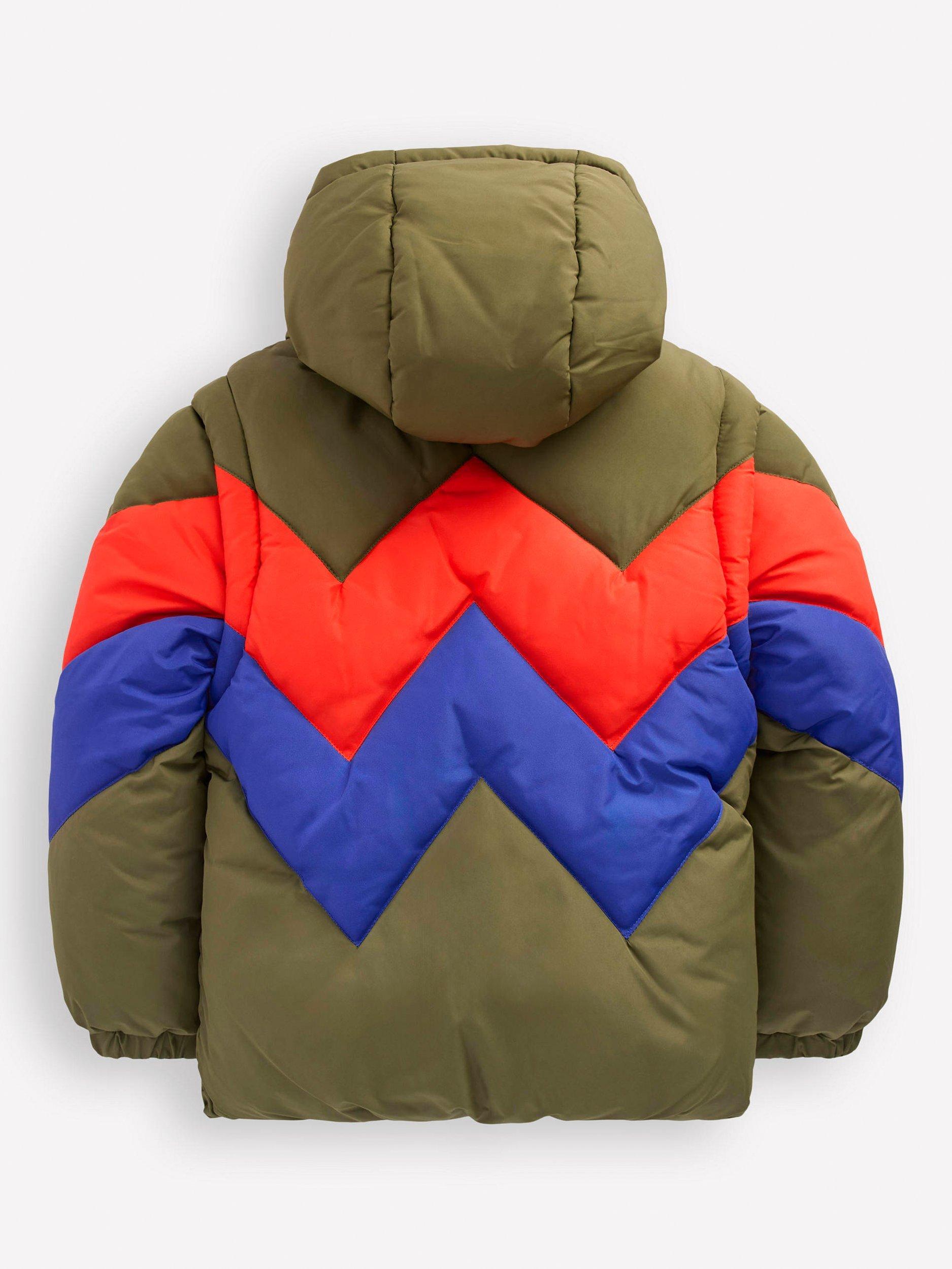 Product image 2 of 5, which shows Mini Boden Colour Block Geometric 2-in-1 Padded Coat, Khaki Chevron, 4-5 years
