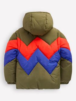 Mini Boden Colour Block Geometric 2-in-1 Padded Coat, Khaki Chevron - view 2, Khaki Chevron
