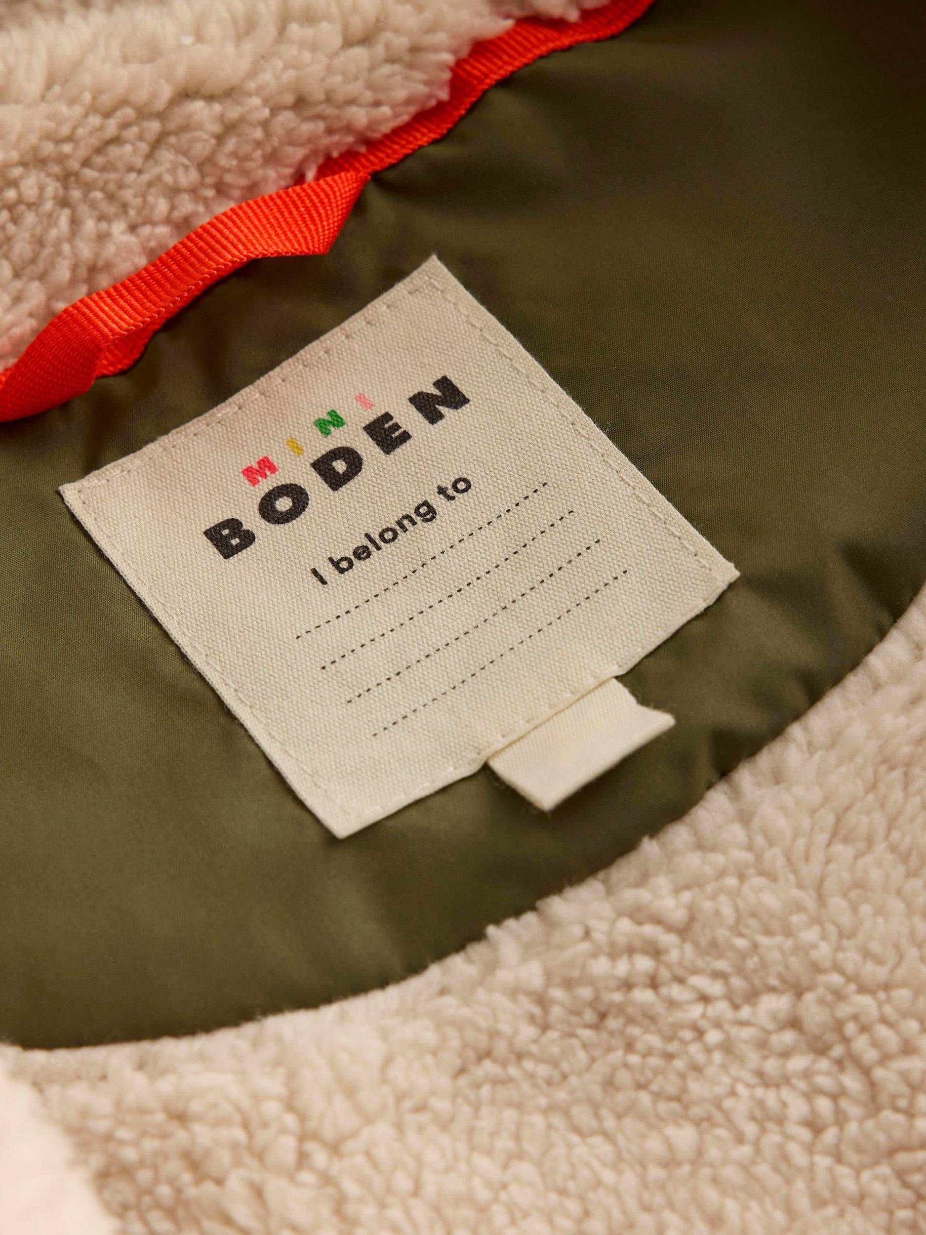 Product image 4 of 5, which shows Mini Boden Colour Block Geometric 2-in-1 Padded Coat, Khaki Chevron, 4-5 years