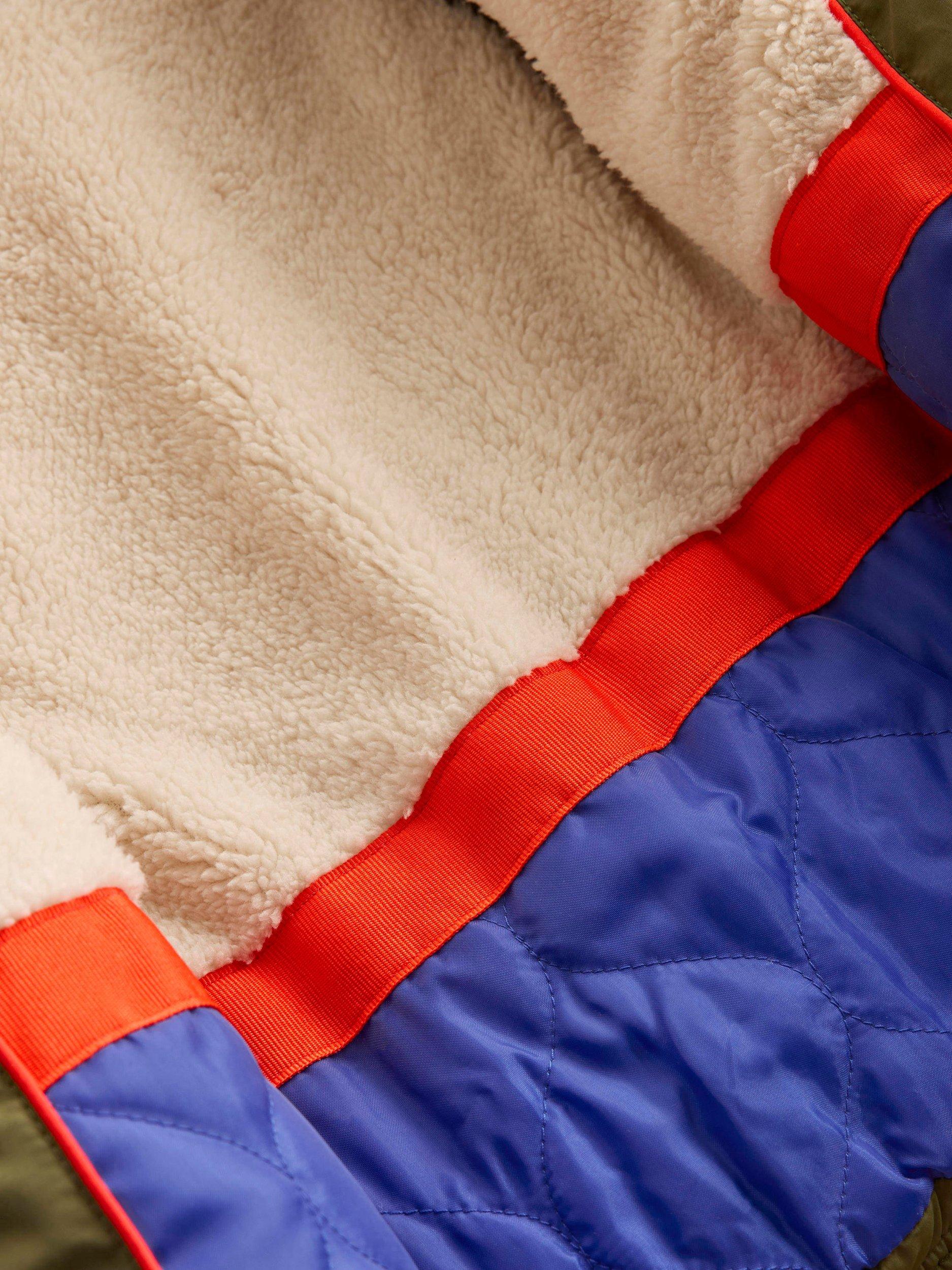 Product image 5 of 5, which shows Mini Boden Colour Block Geometric 2-in-1 Padded Coat, Khaki Chevron, 4-5 years