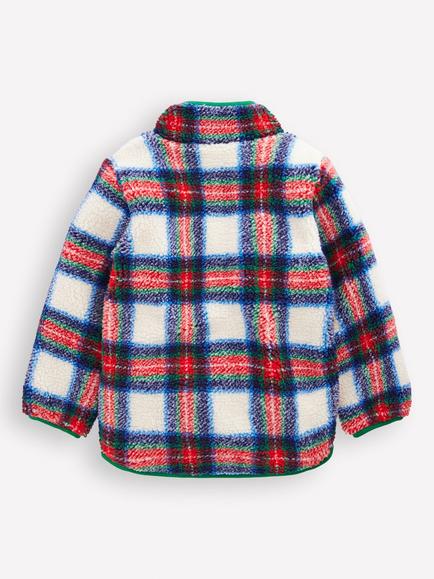 Mini Boden Kids' Cosy Borg Checked Jacket, Ivory/Multi - view 2, Ivory/Multi