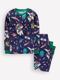 Mini Boden Kids' Cotton Glow-in-the-Dark Snug Pyjama Set, Medieval Blue Astro, Medieval Blue Astro