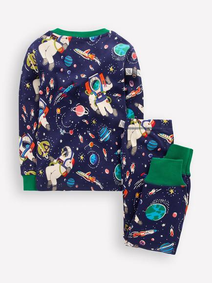 Mini Boden Kids' Cotton Glow-in-the-Dark Snug Pyjama Set, Medieval Blue Astro - view 2, Medieval Blue Astro