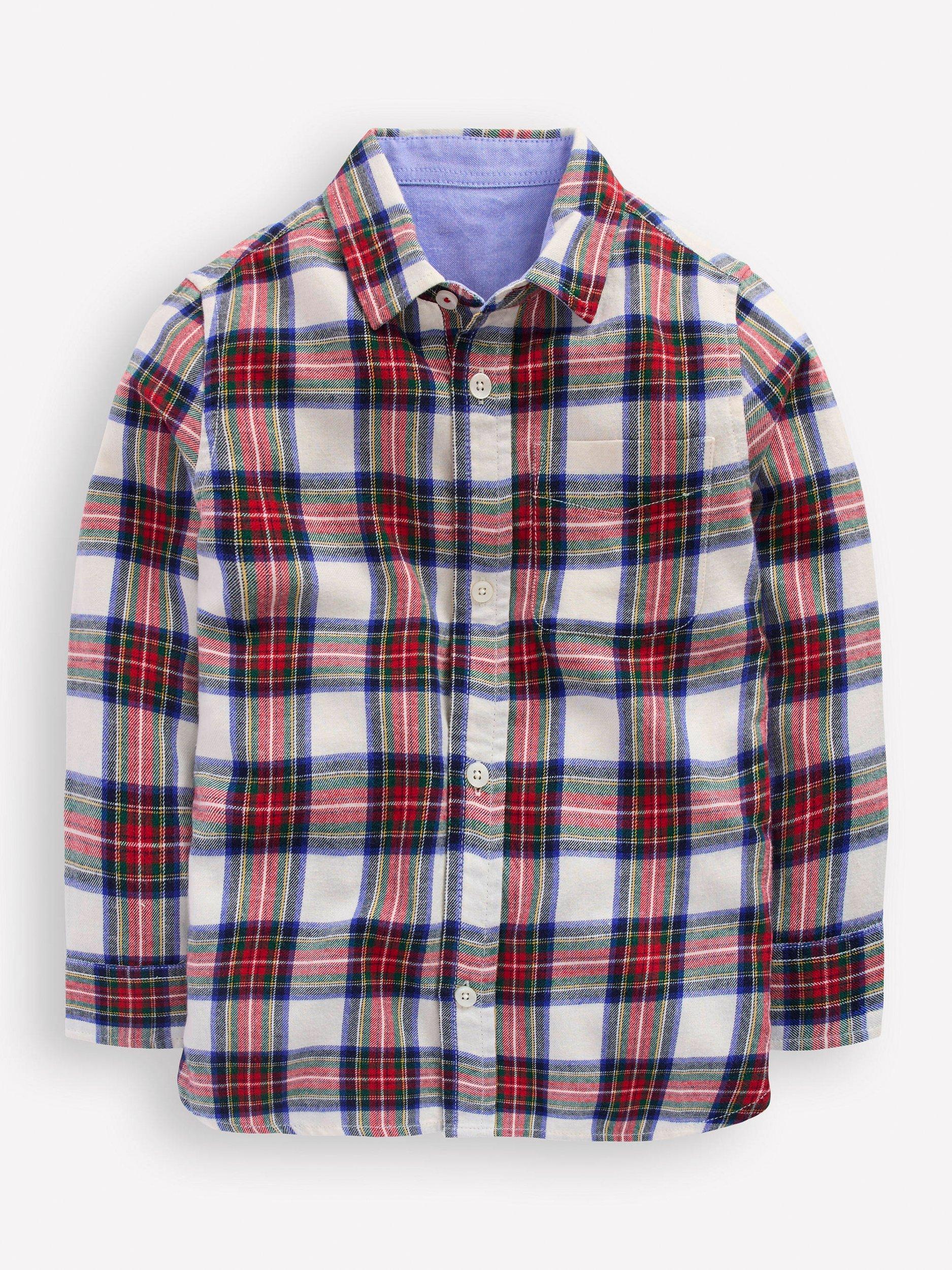 Product image 1 of 3, which shows Mini Boden Kids' Cotton Long Sleeved Checked Shirt, Ivory/Multi, 3-4 years