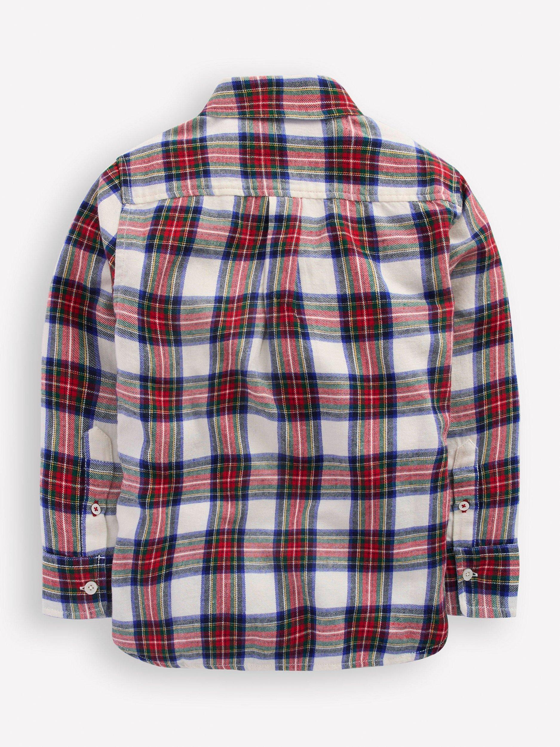 Product image 2 of 3, which shows Mini Boden Kids' Cotton Long Sleeved Checked Shirt, Ivory/Multi, 3-4 years