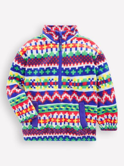 Mini Boden Kids' Relaxed Zip Neck Fleece, Multi Fair Isle, Multi Fair Isle