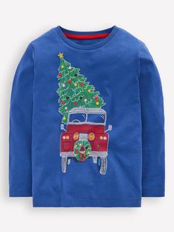 Mini Boden Kids' Cotton Glow-in-the-Dark Superstitch T-Shirt, Blue Christmas Car, Blue Christmas Car
